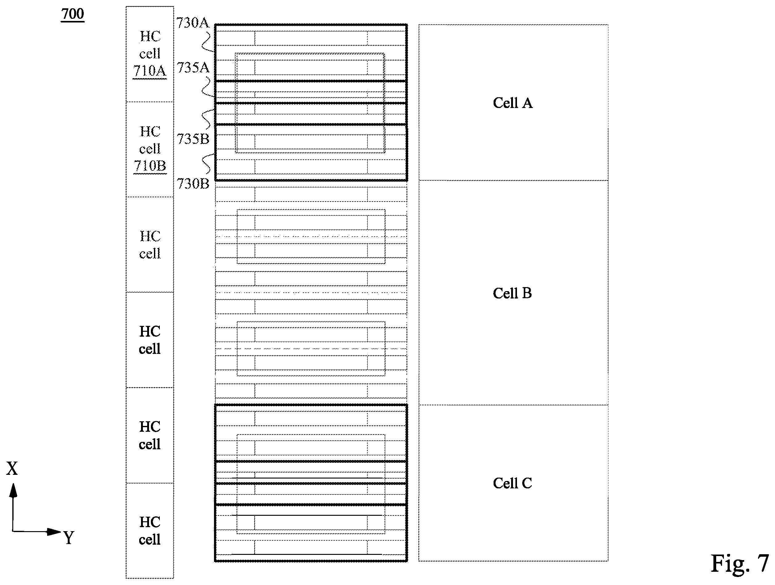 Patent US12562197 Figure 7 – Header circuit placement in memory device