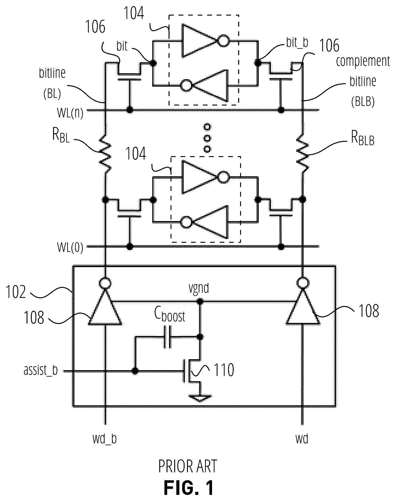 Patent US12562200 Figure 1 – Shared metal wire capacitance for negative bit-line