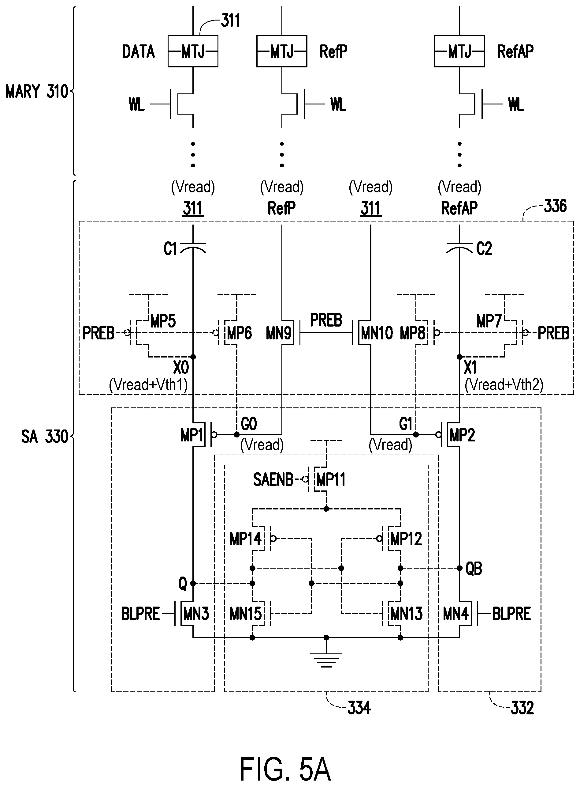 Patent US12562203 Figure 5 – Sensing amplifier of memory array, memory device and data read method with two state reference voltages