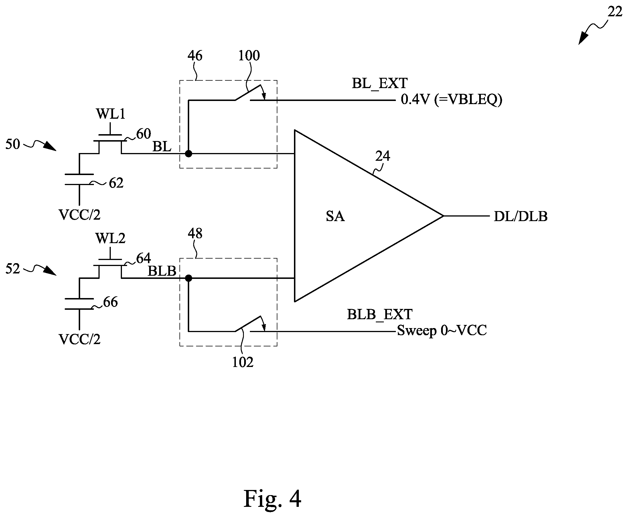 Patent US12562216 Figure 4 – Circuit with swept voltage on bit line or bit line bar