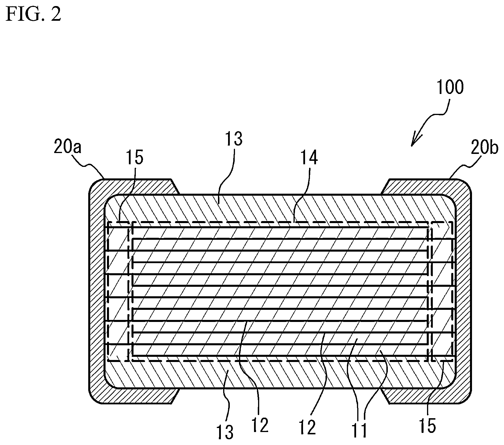 Patent US12562315 Figure 2 – Ceramic electronic device including a multilayer structure with internal electrode layers having certain Sn concentration