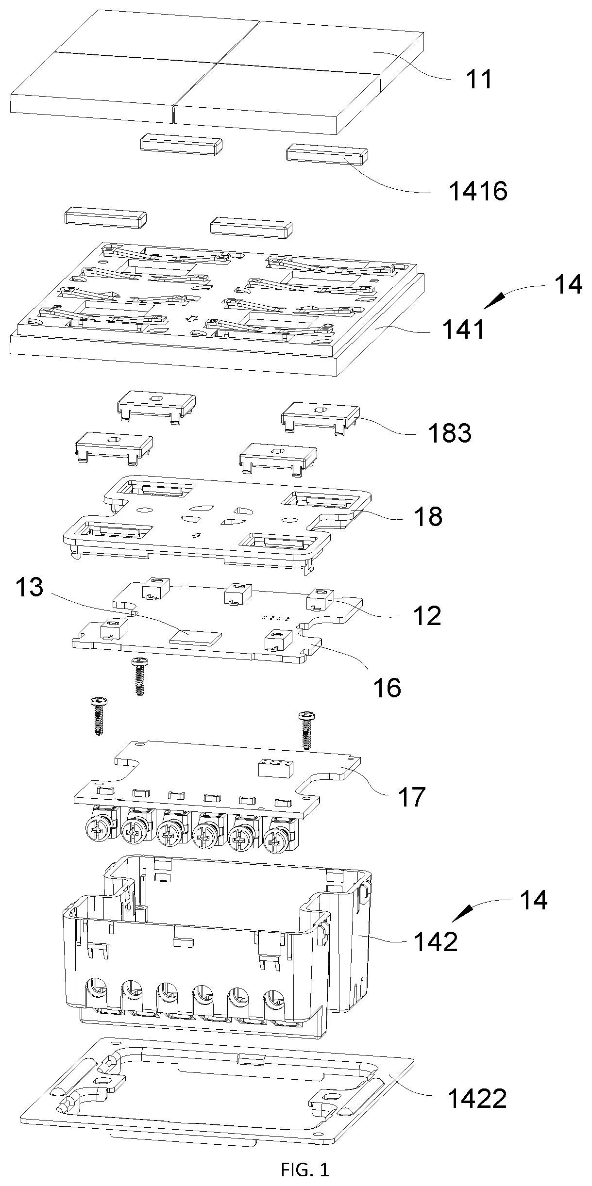 Patent US12562325 Figure 1 – Wall intelligent switch, wireless intelligent switch and switch mounting frame