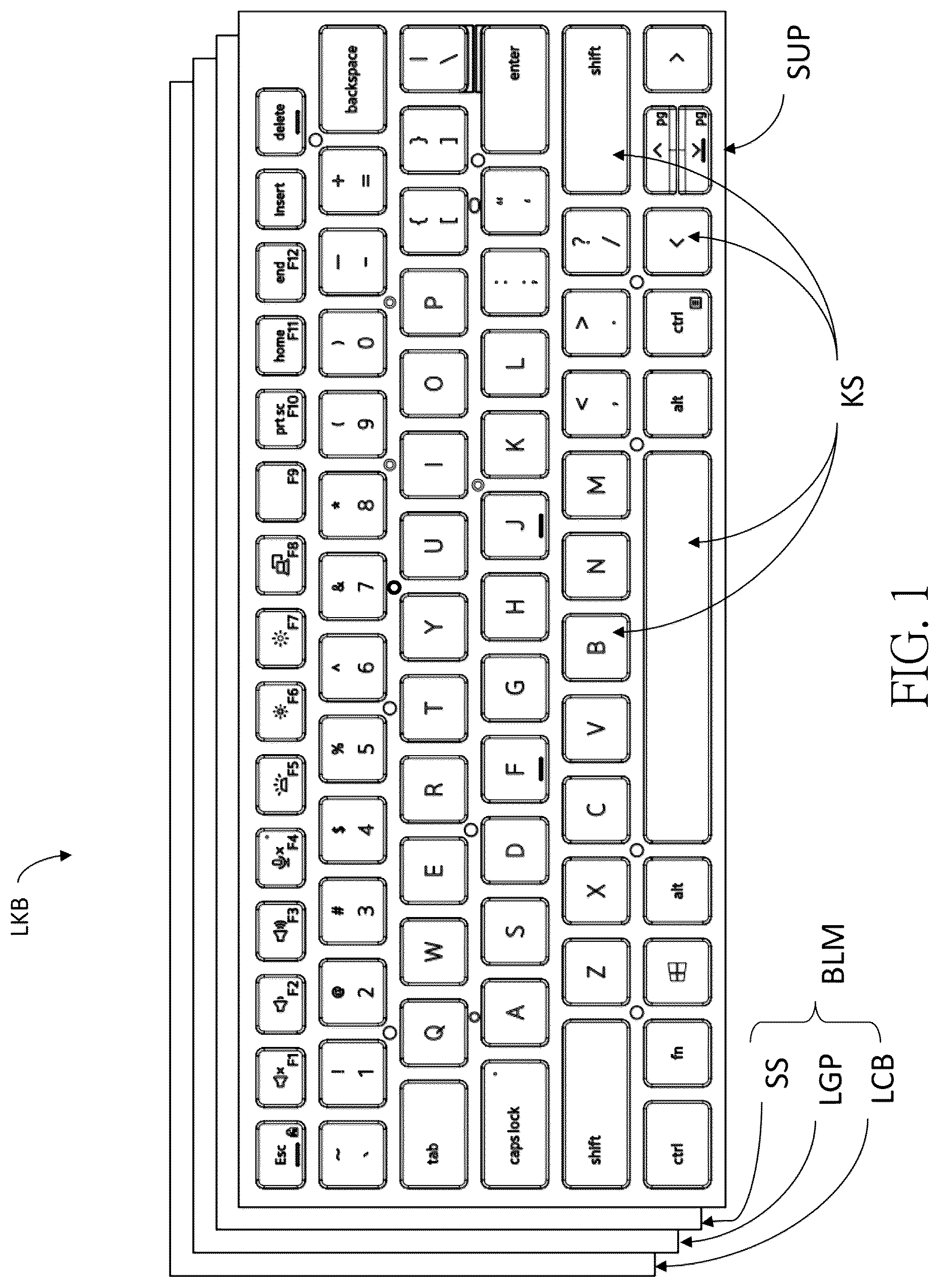 Patent US12562327 Figure 1 – Lighting keyboard, backlight module and lighting board