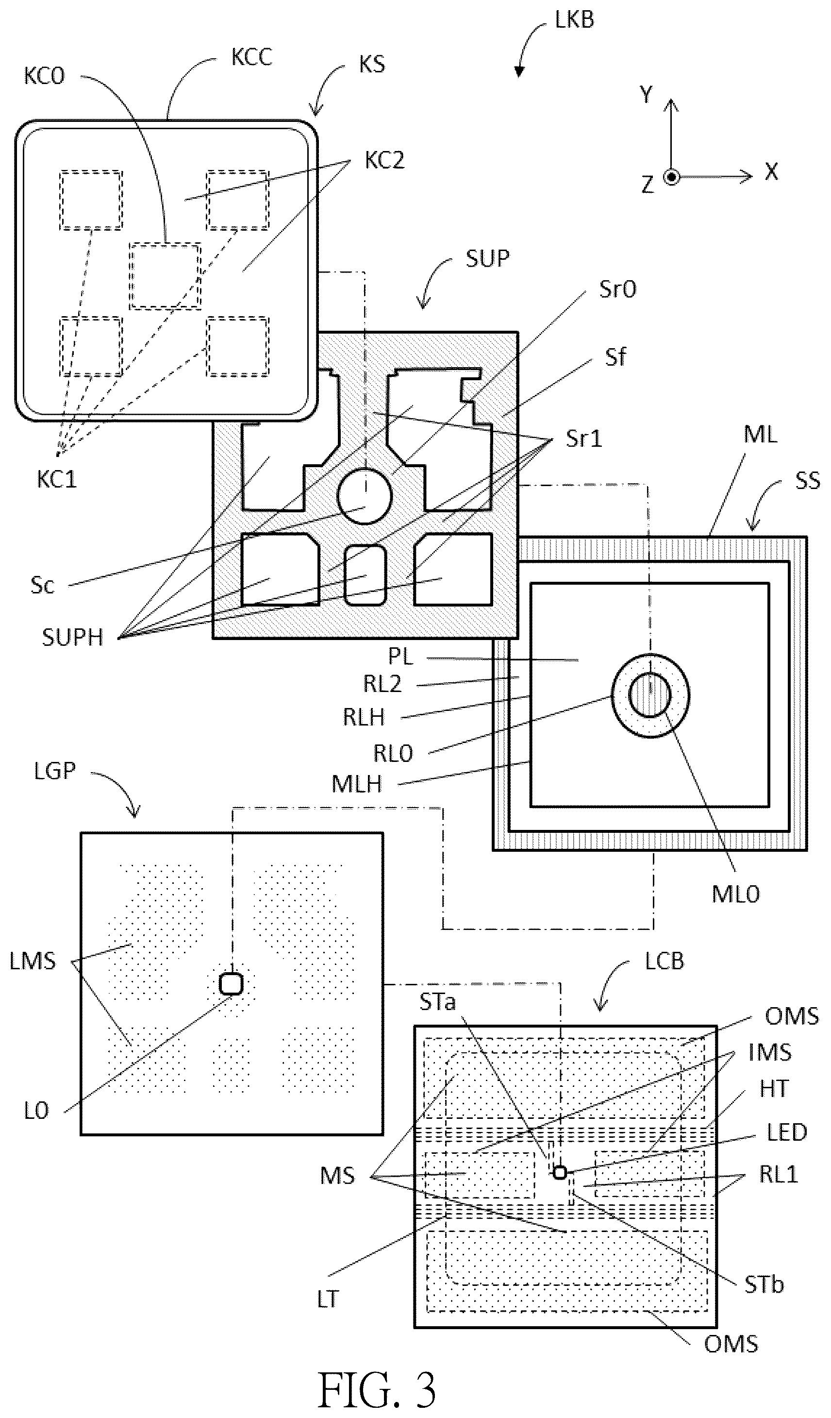 Patent US12562327 Figure 3 – Lighting keyboard, backlight module and lighting board