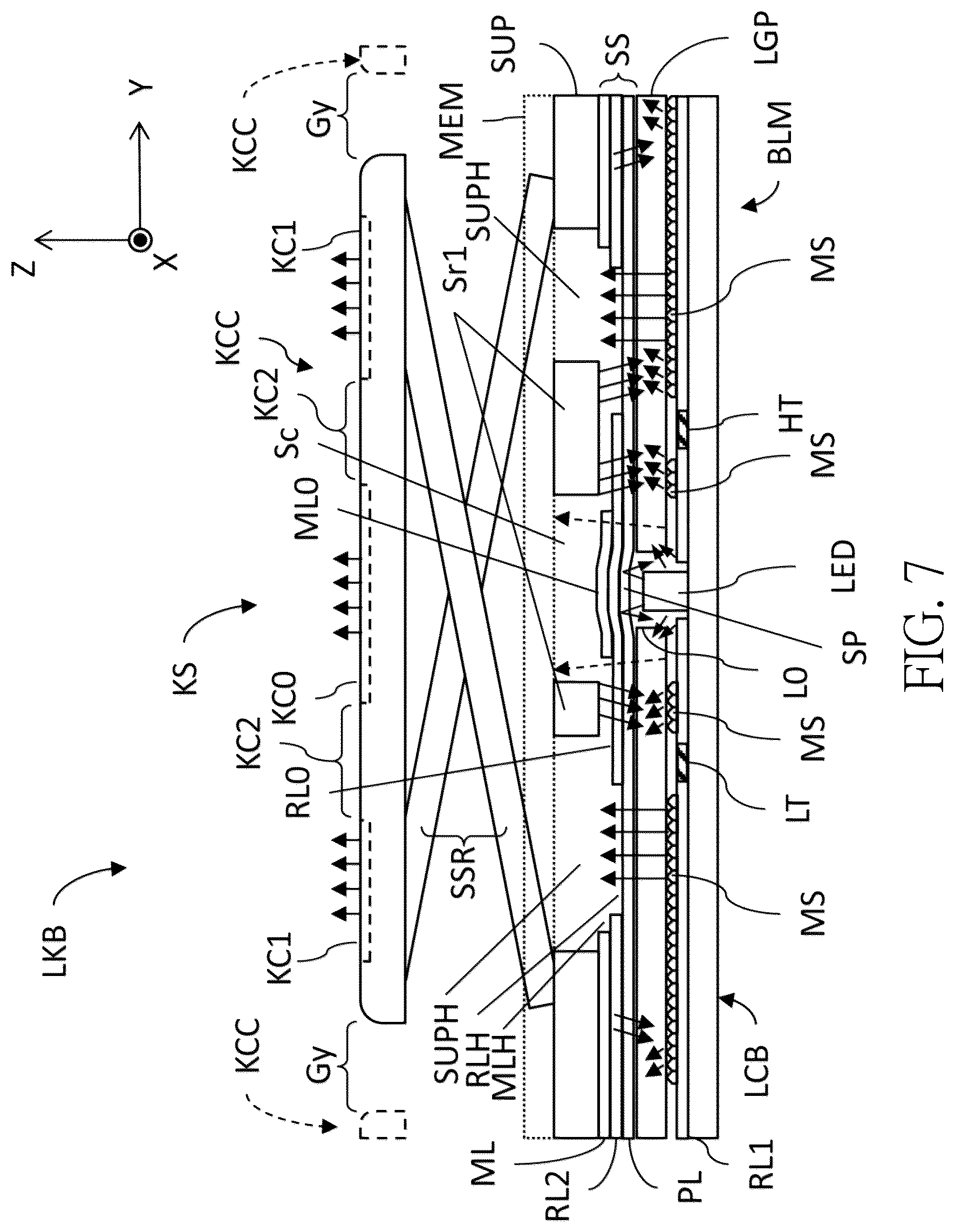 Patent US12562327 Figure 7 – Lighting keyboard, backlight module and lighting board