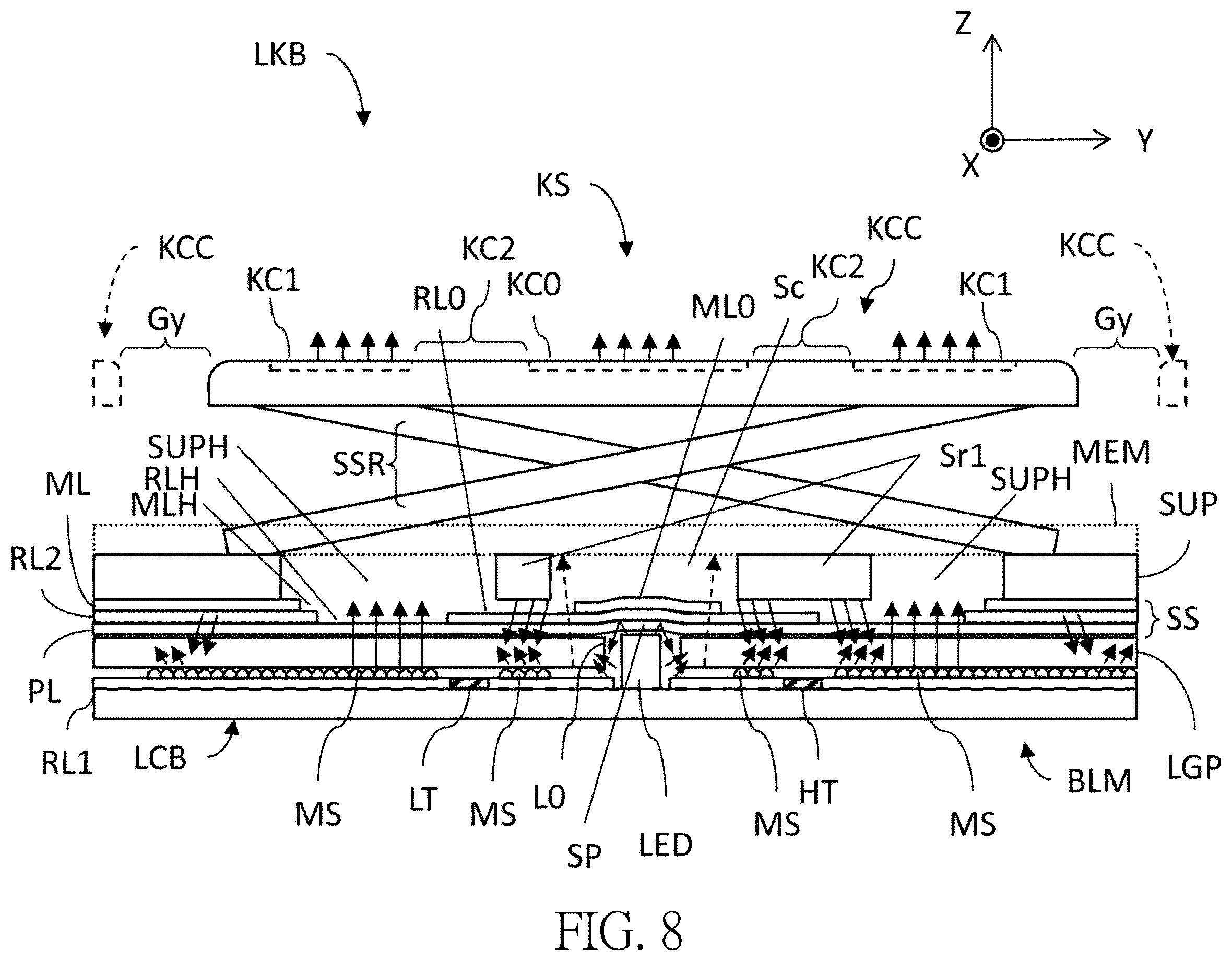 Patent US12562327 Figure 8 – Lighting keyboard, backlight module and lighting board