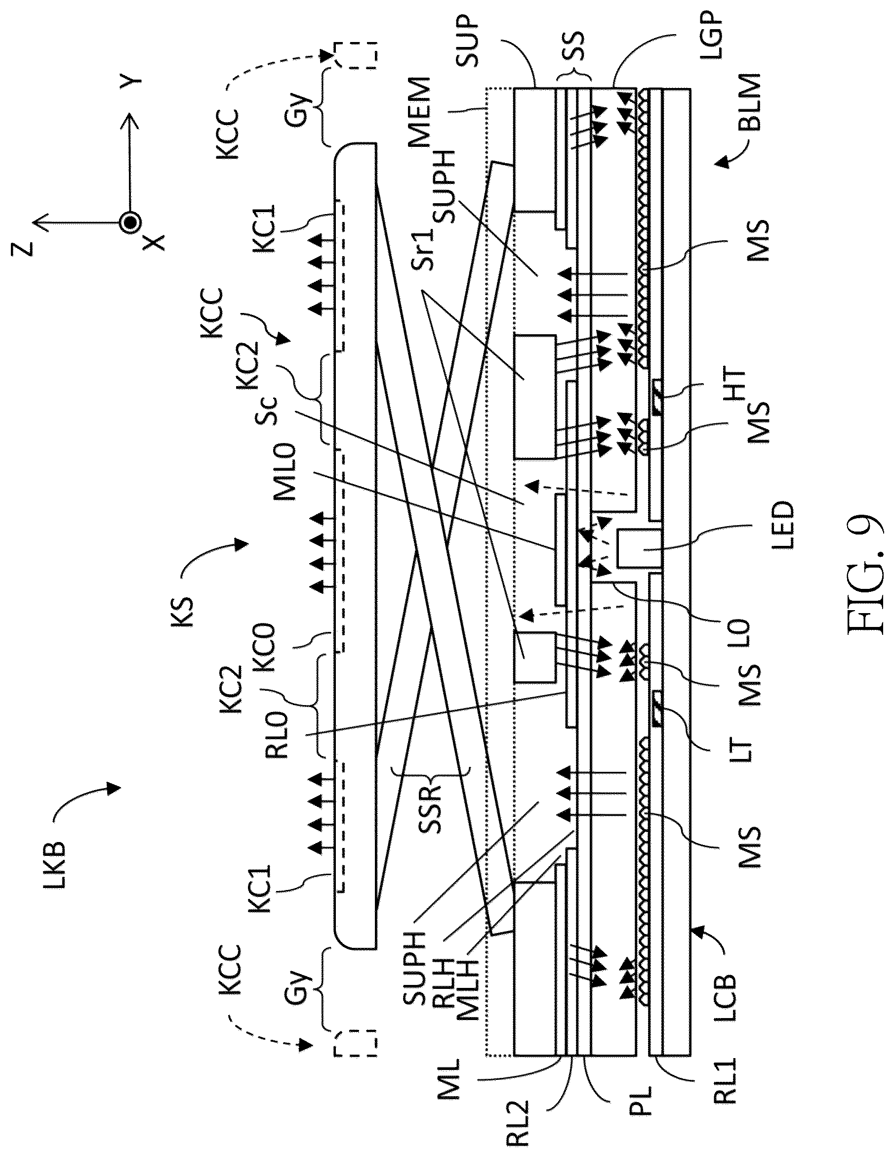 Patent US12562327 Figure 9 – Lighting keyboard, backlight module and lighting board