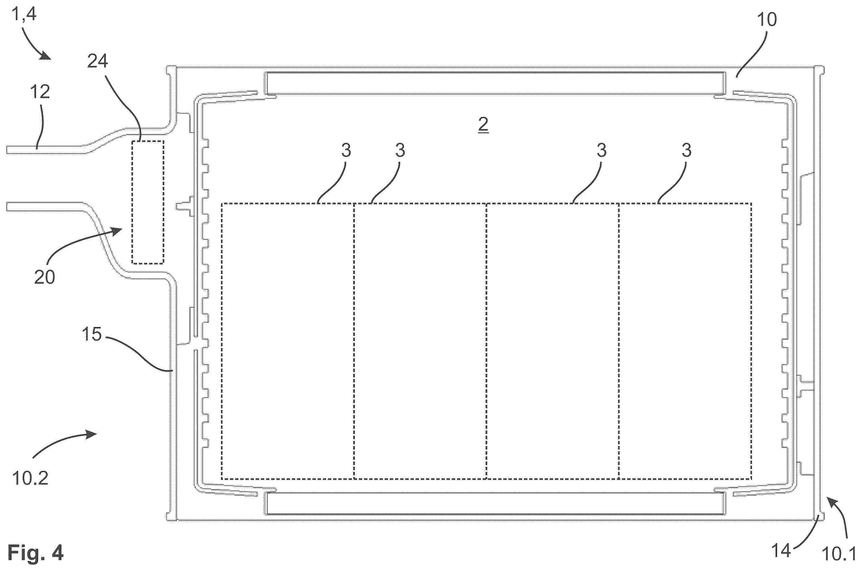 Patent US12562413 Figure 4 – Battery housing, battery and method for manufacturing a battery