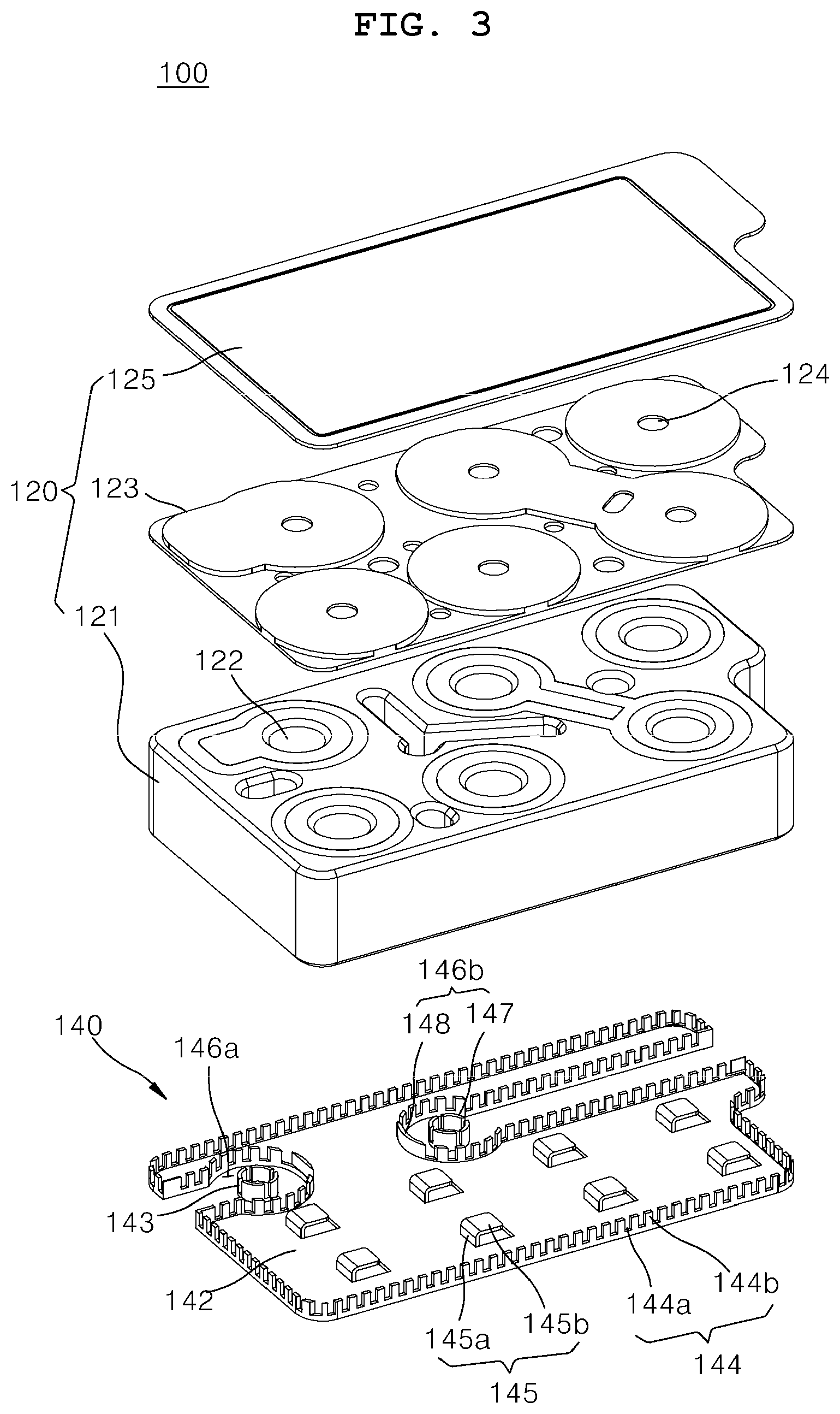 Patent US12562444 Figure 3 – RF filter assembly comprising multiple RF filters mounted on a main board through a metal material filter support member