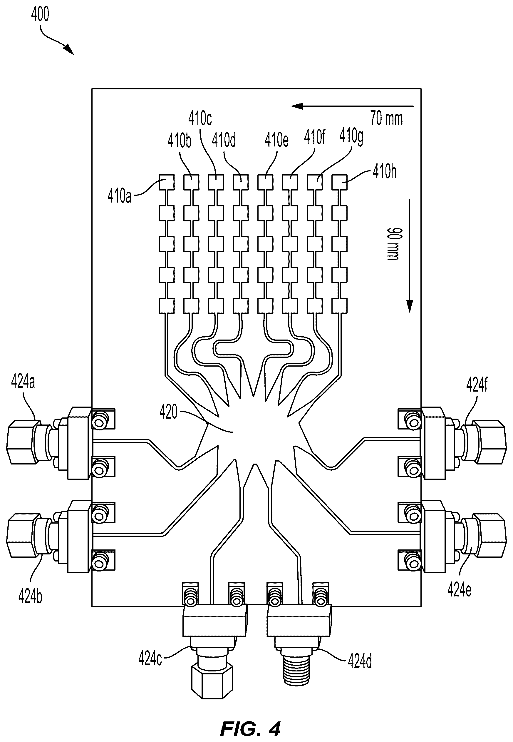 Patent US12562464 Figure 4 – High gain and large beamwidth Rotman-Lens-based and mm-wave energy harvester systems and associated methods
