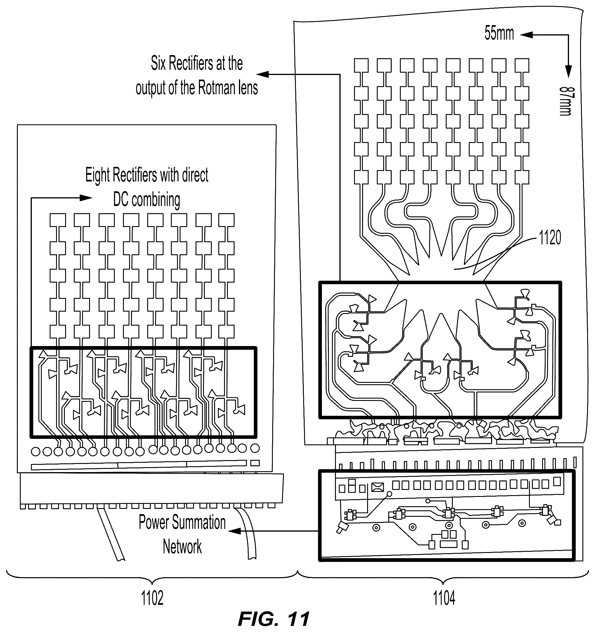 Patent US12562464 Figure 11 – High gain and large beamwidth Rotman-Lens-based and mm-wave energy harvester systems and associated methods