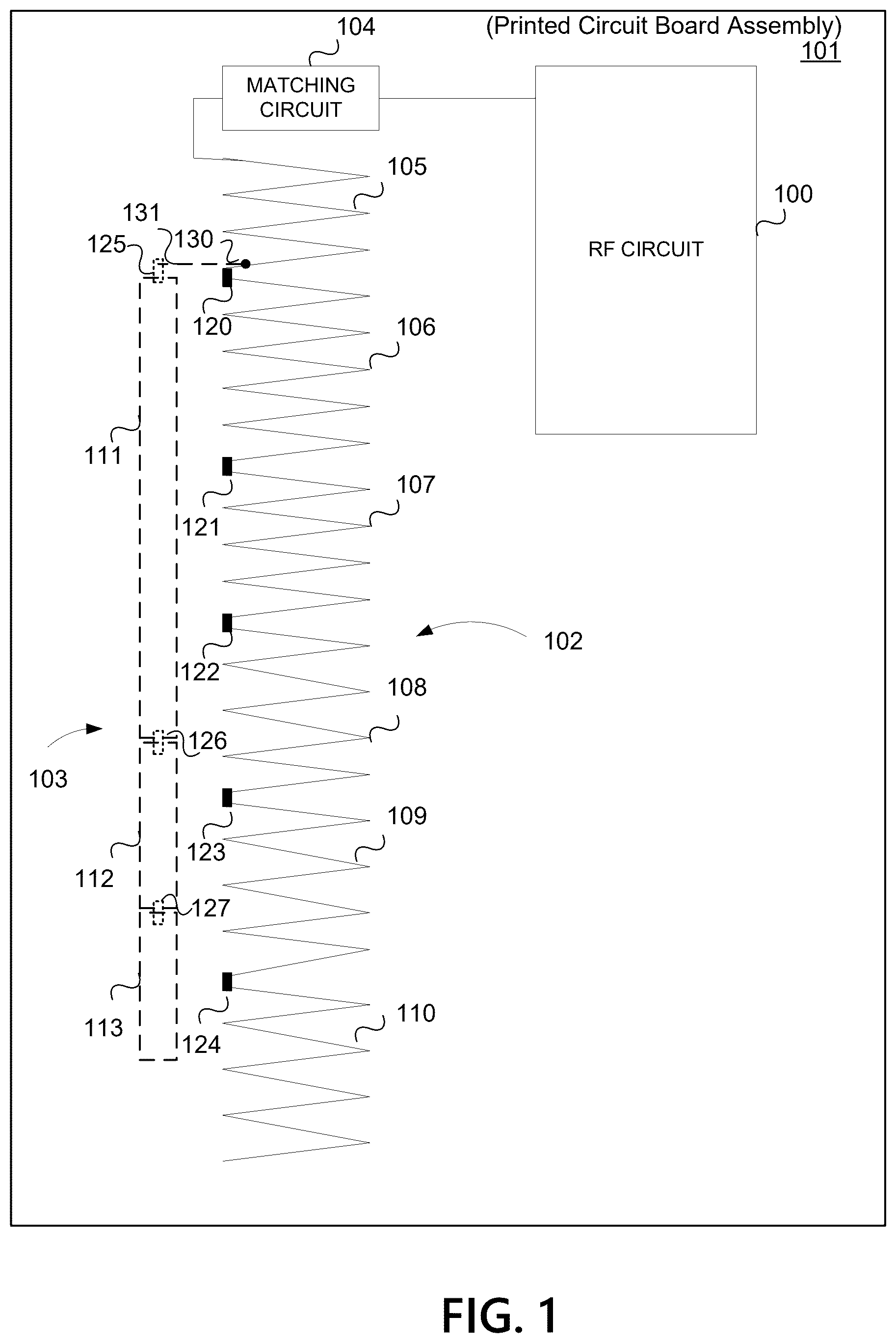 Patent US12562478 Figure 1 – Band selectable geometry for printed circuit board antennas