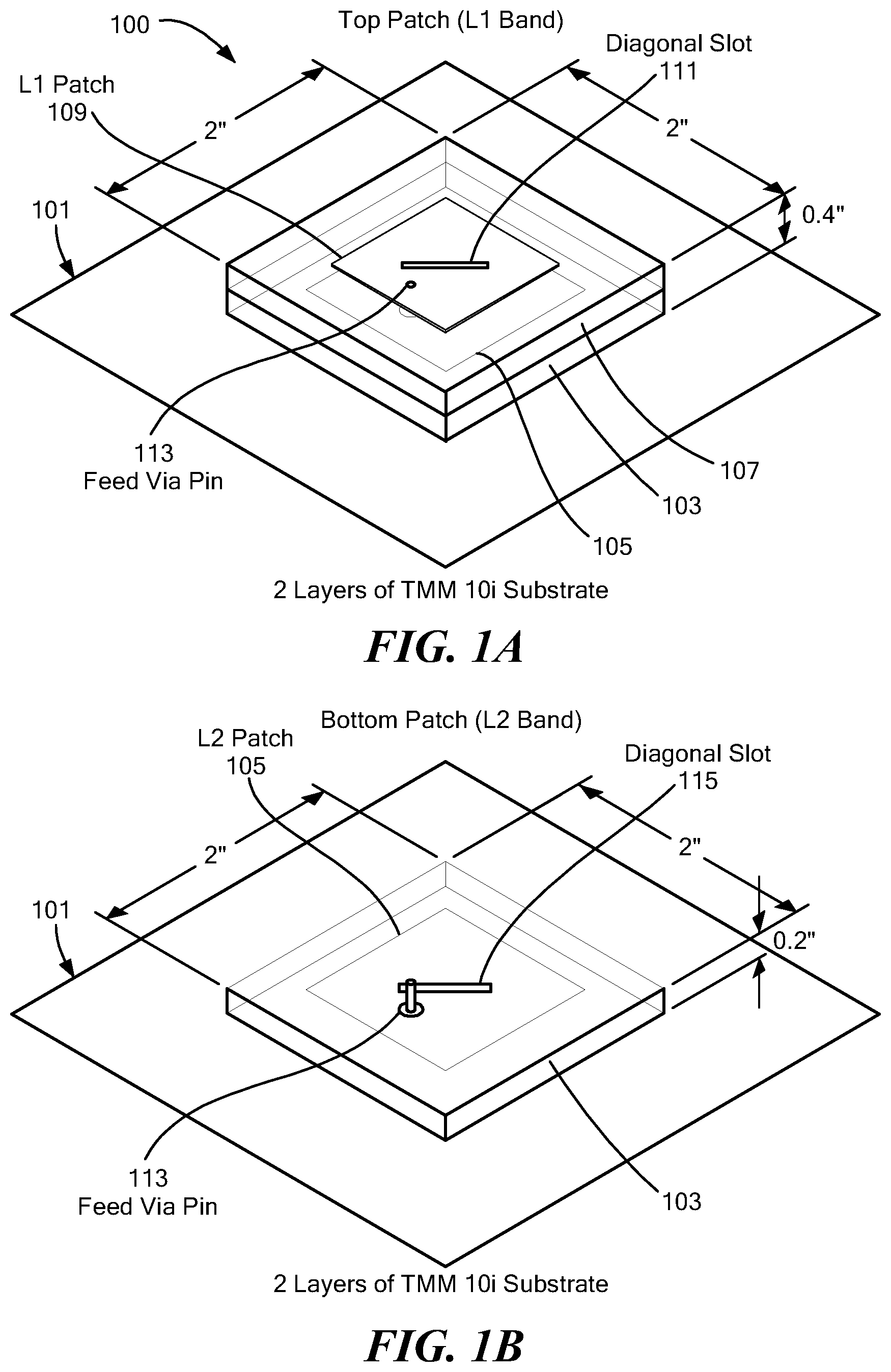 Patent US12562485 Figure 1 – Probe-fed circularly-polarized stacked center-slotted patch antenna