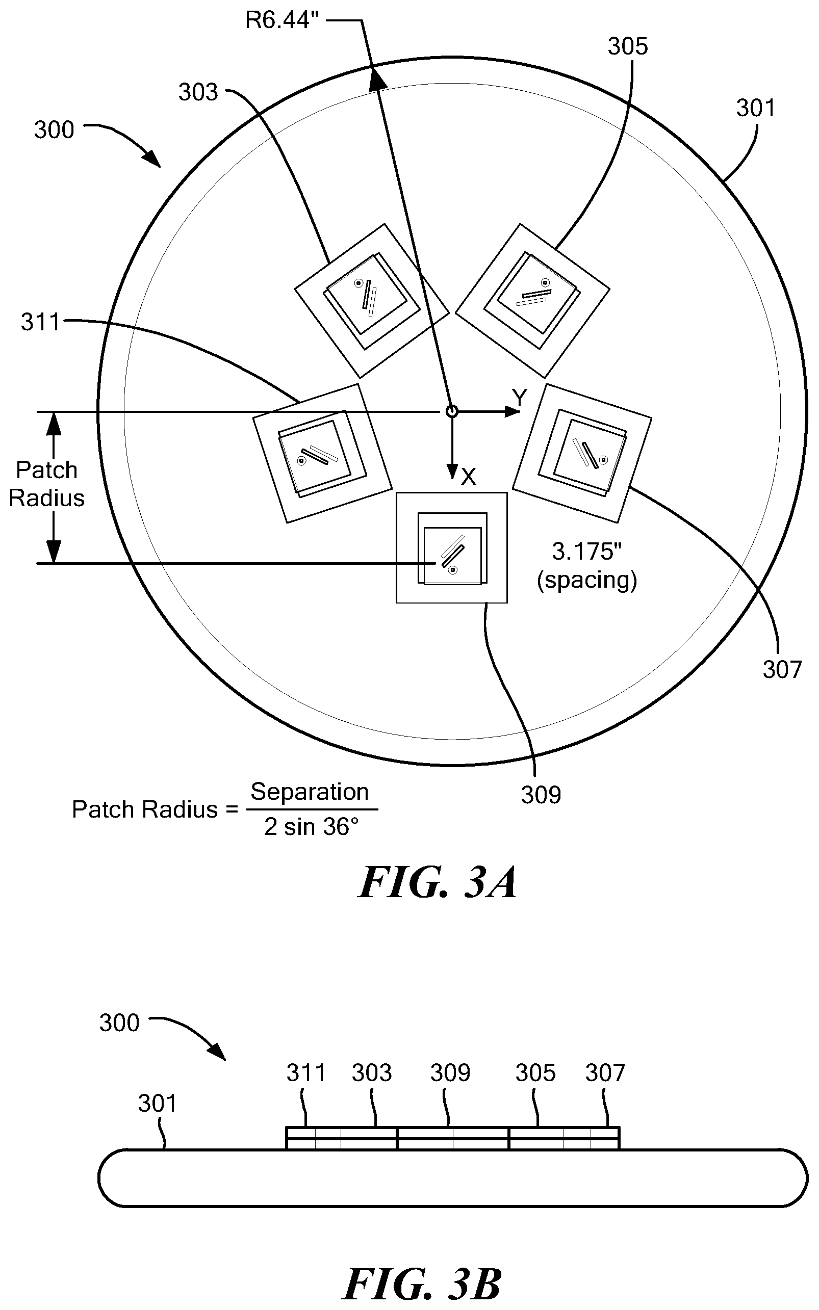 Patent US12562485 Figure 3 – Probe-fed circularly-polarized stacked center-slotted patch antenna