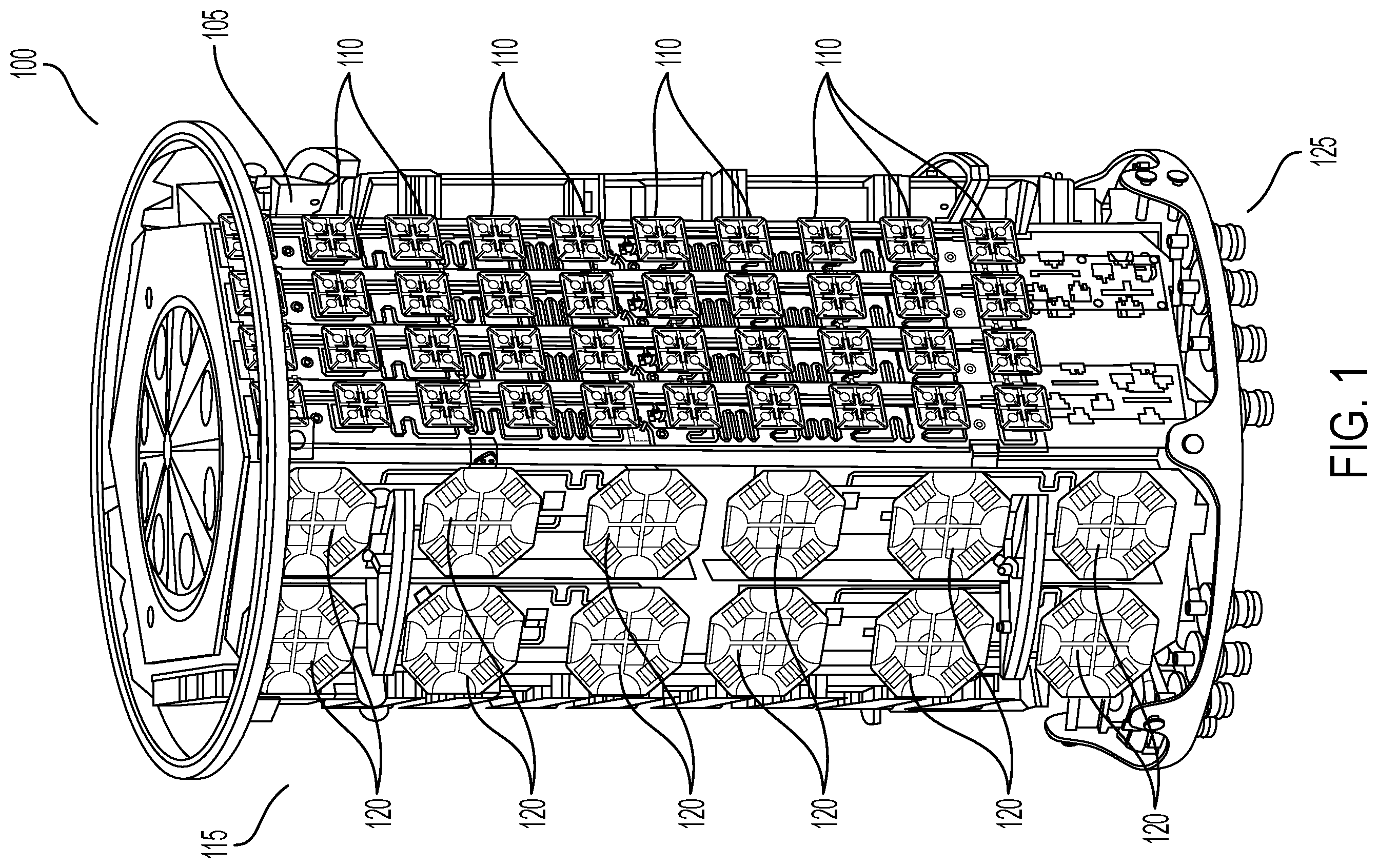 Patent US12562500 Figure 1 – Multi-layer feedboard for 8T8R antenna array within compact antenna