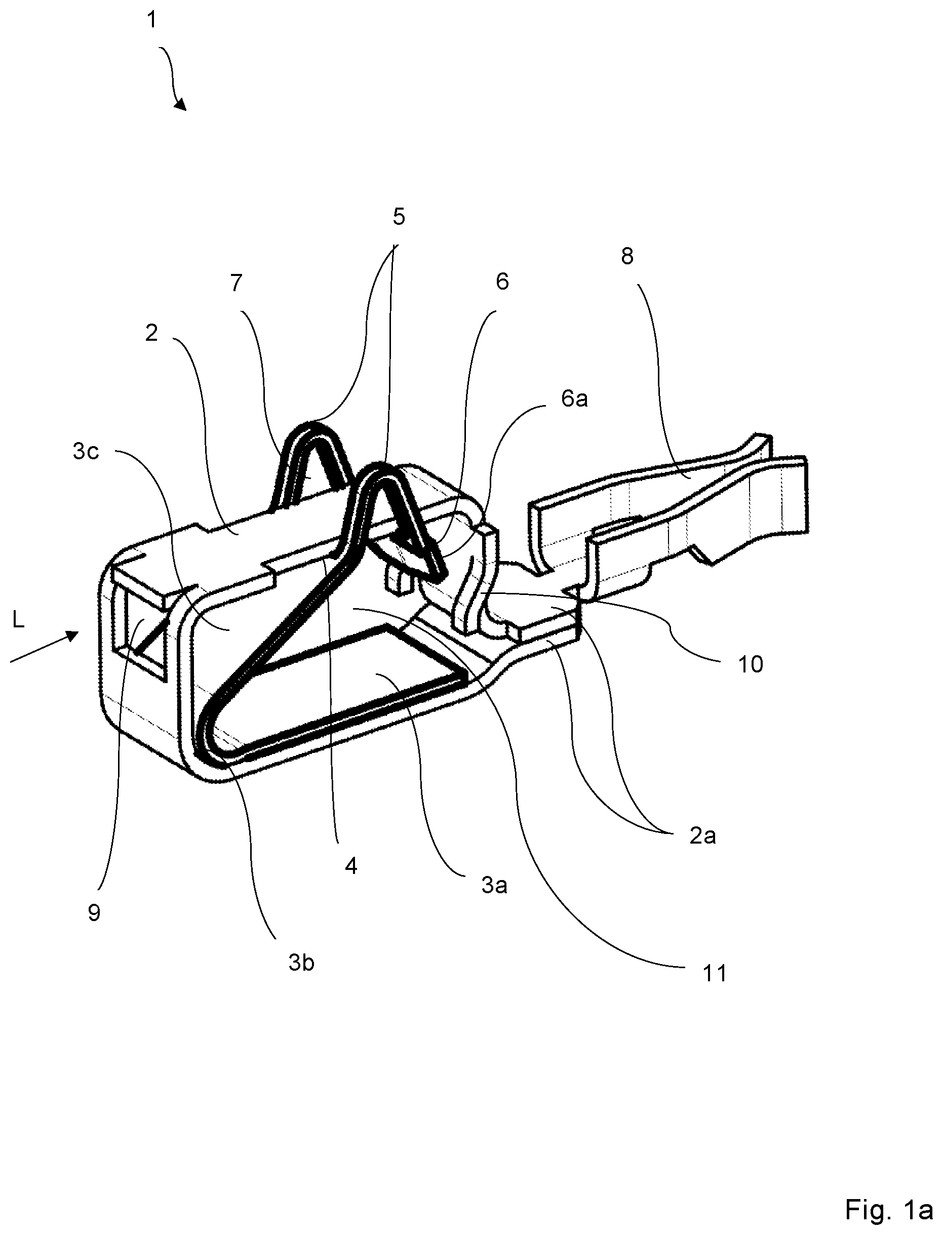 Patent US12562510 Figure 1 – Bus bar piece and clamping spring configuration for a conductor connection terminal