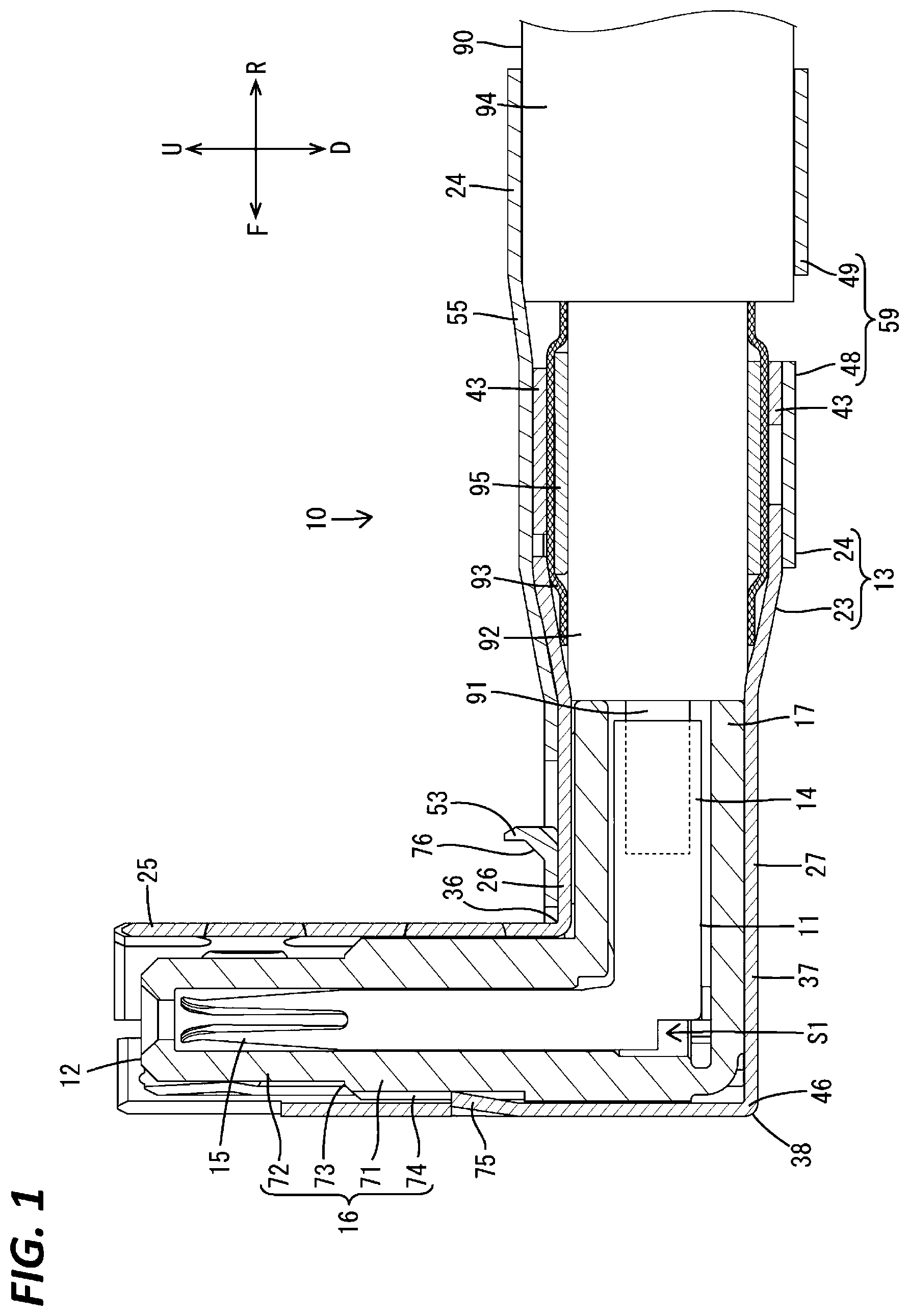 Patent US12562538 Figure 1 – Shielded terminal