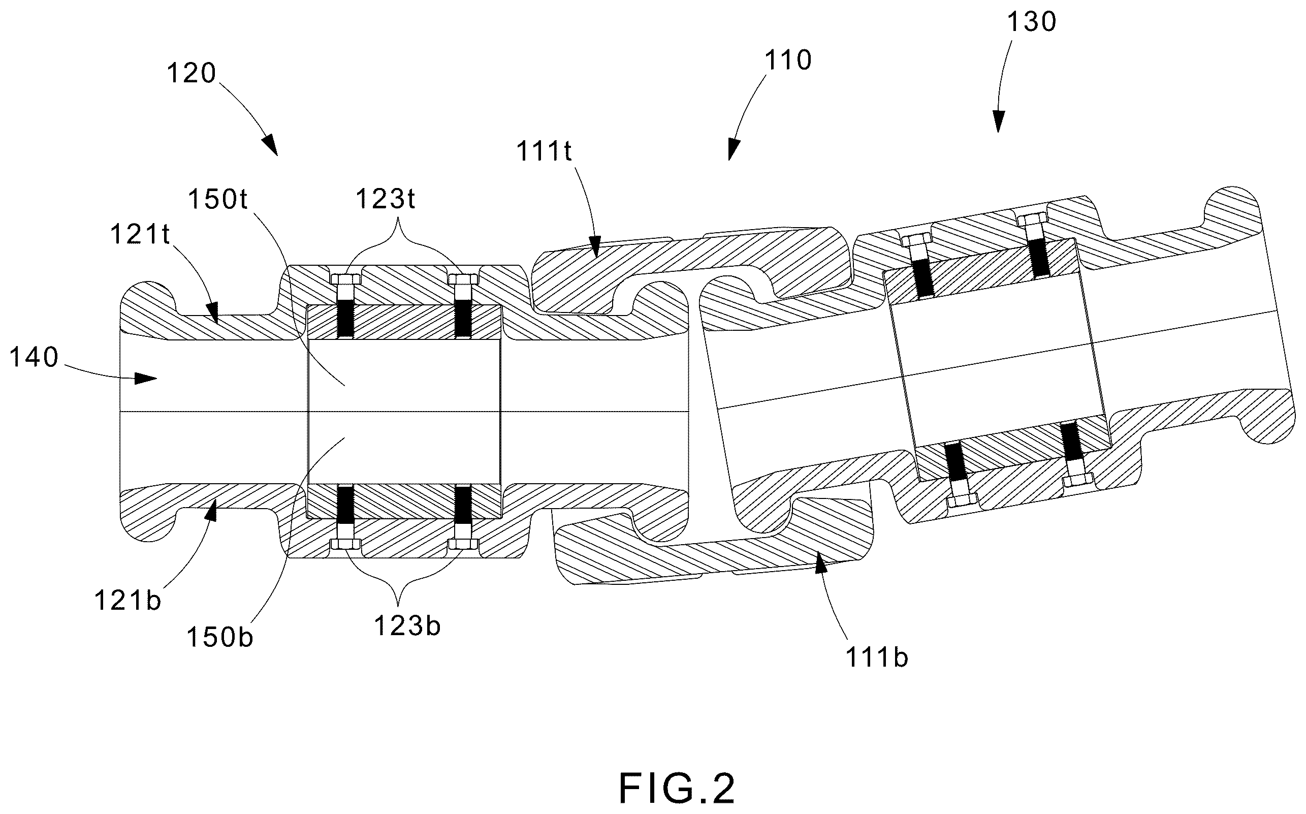 Patent US12562558 Figure 2 – Segmented bend restrictor system with full disassembly capability