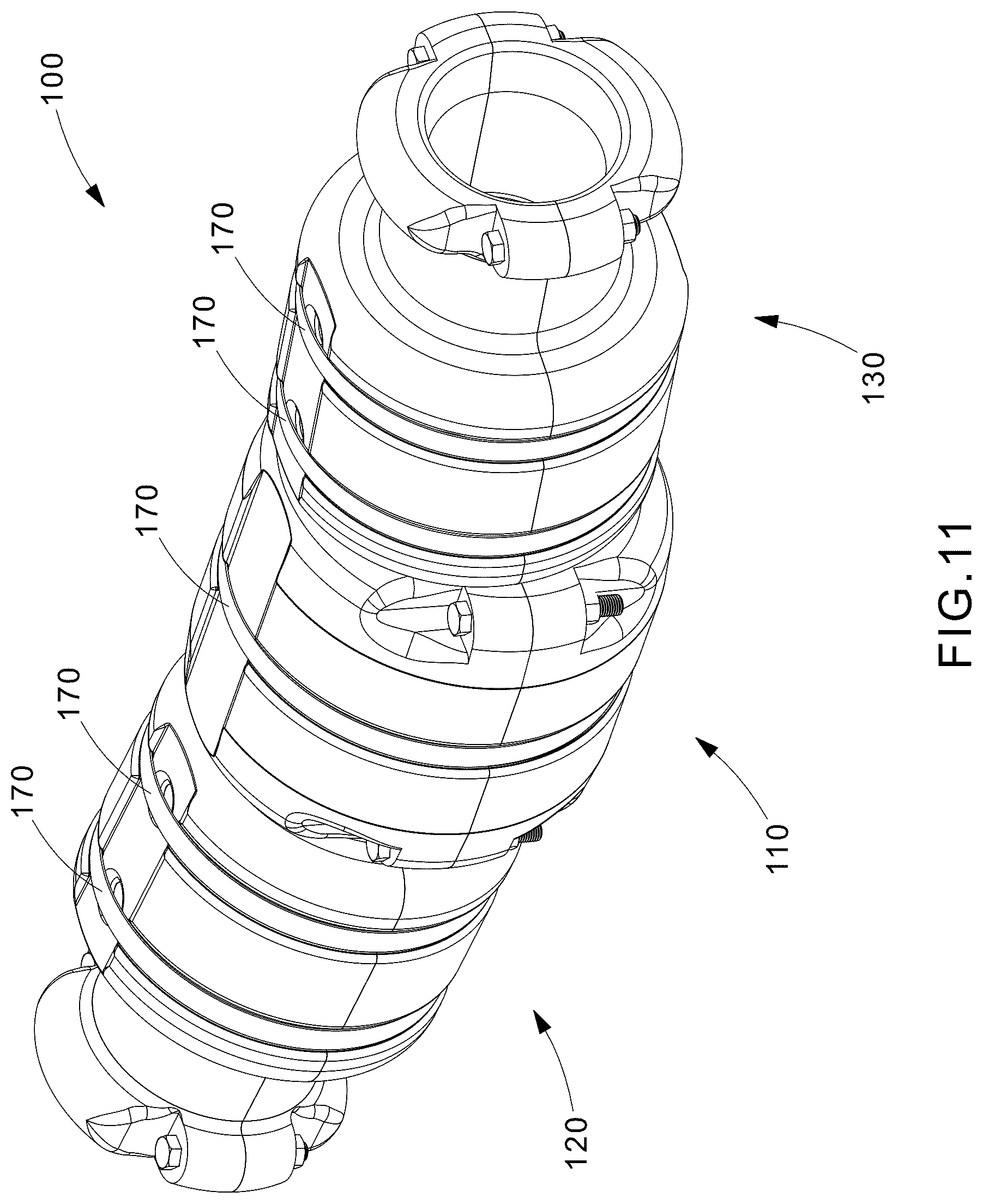 Patent US12562558 Figure 11 – Segmented bend restrictor system with full disassembly capability