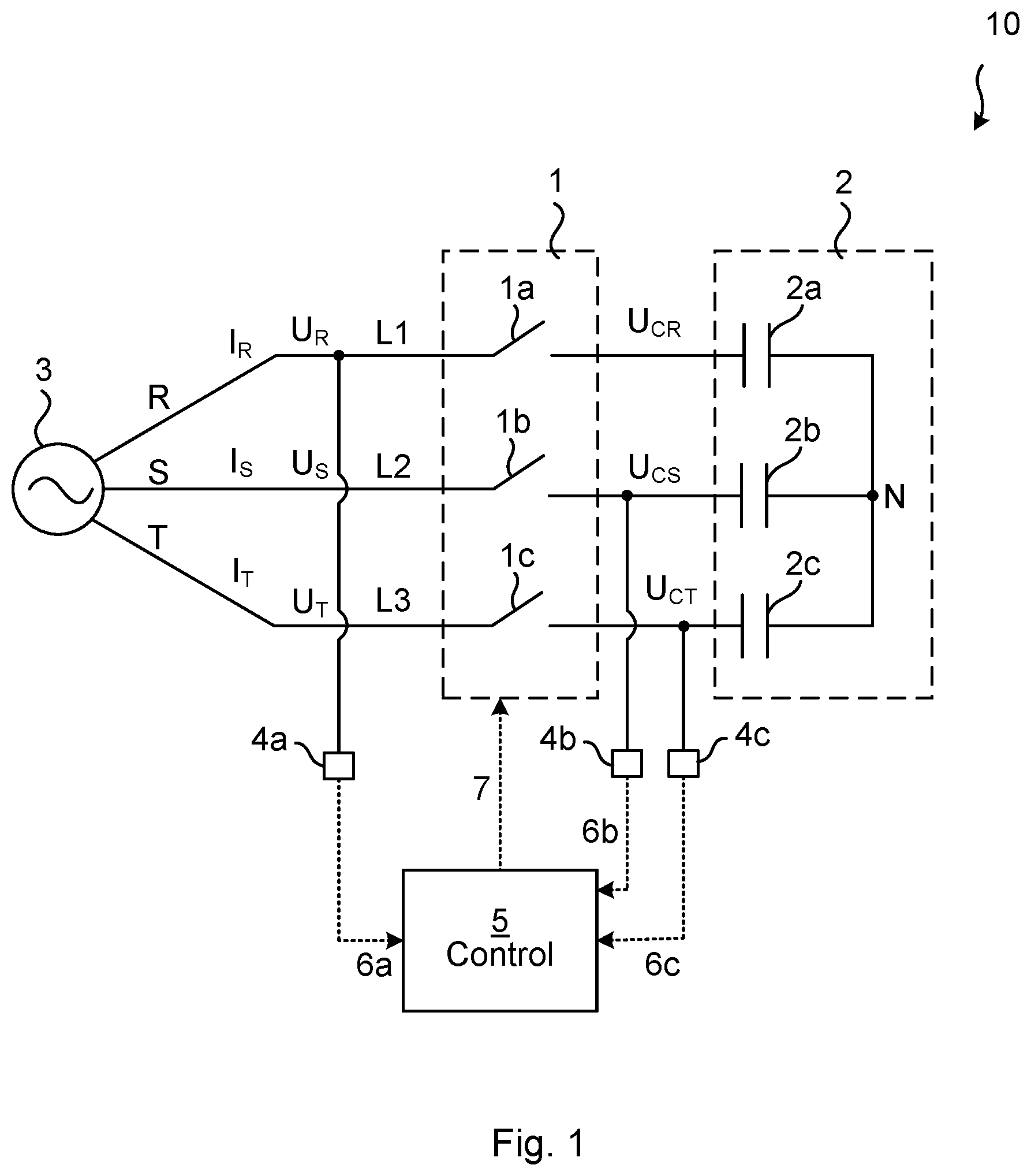 Patent US12562564 Figure 1 – Reducing inrush current to a capacitor bank