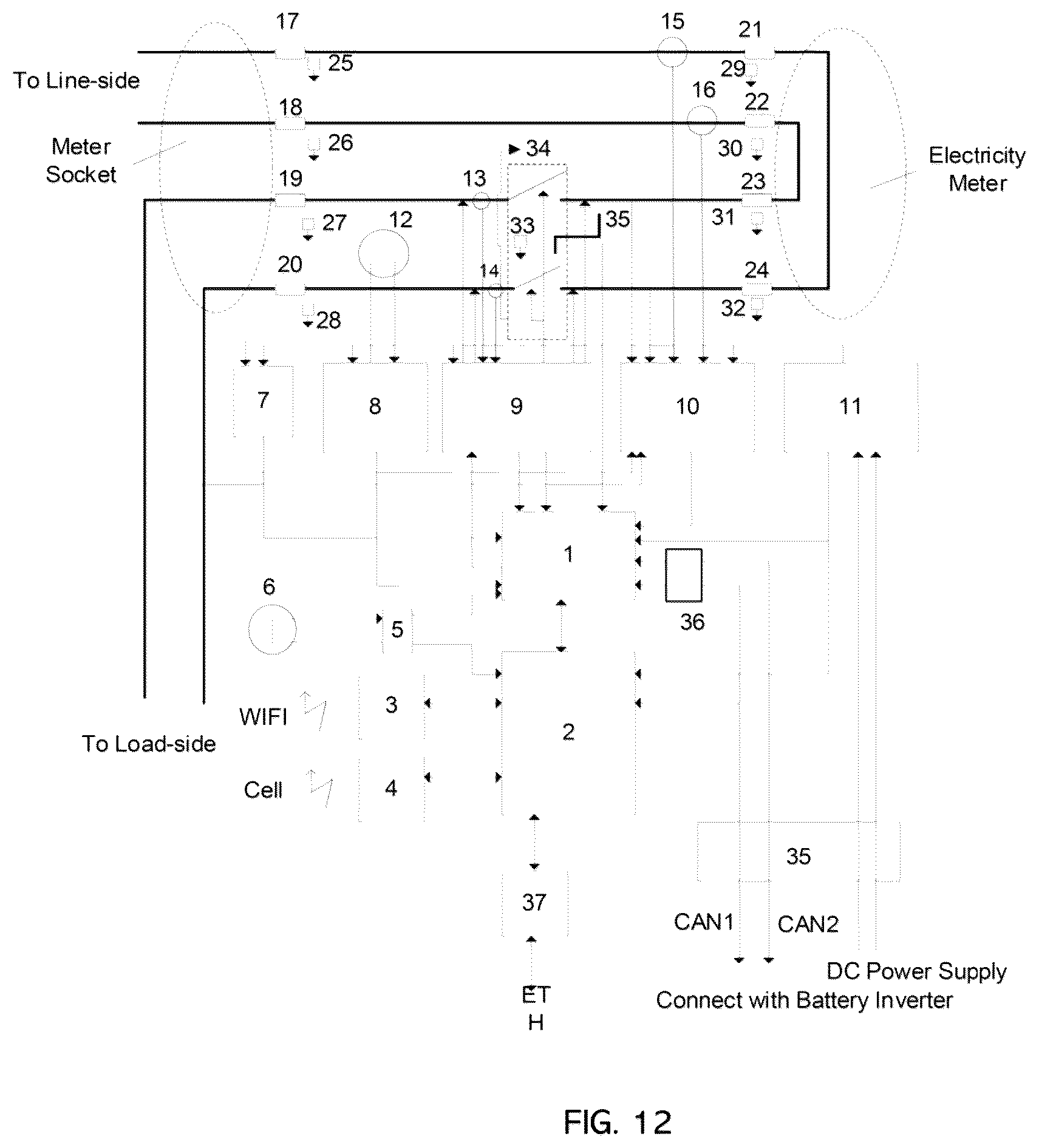 Patent US12562587 Figure 12 – Smart meter socket adapter for connecting batter energy storage system