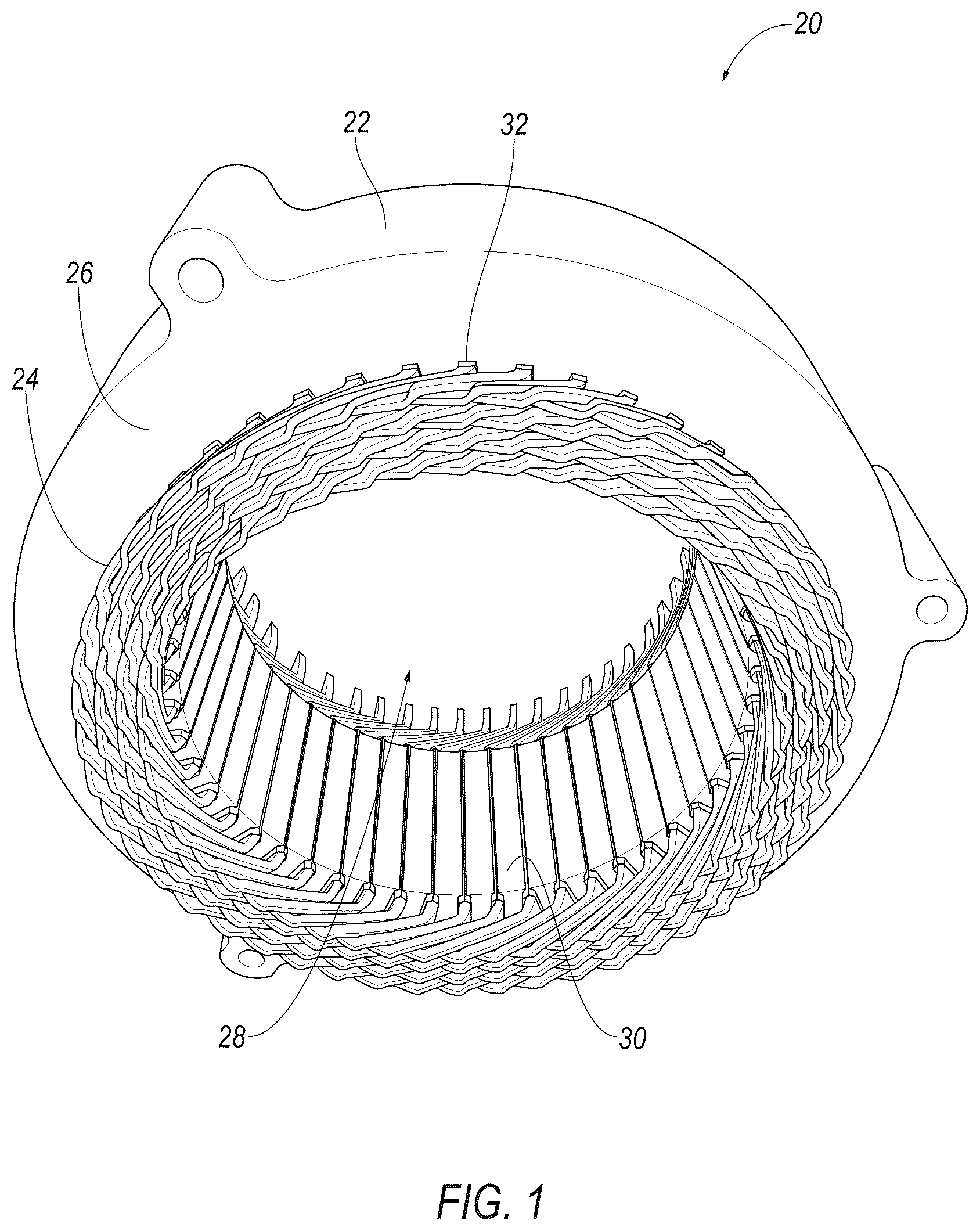 Patent US12562607 Figure 1 – Laminate for stator core with fluid containment feature