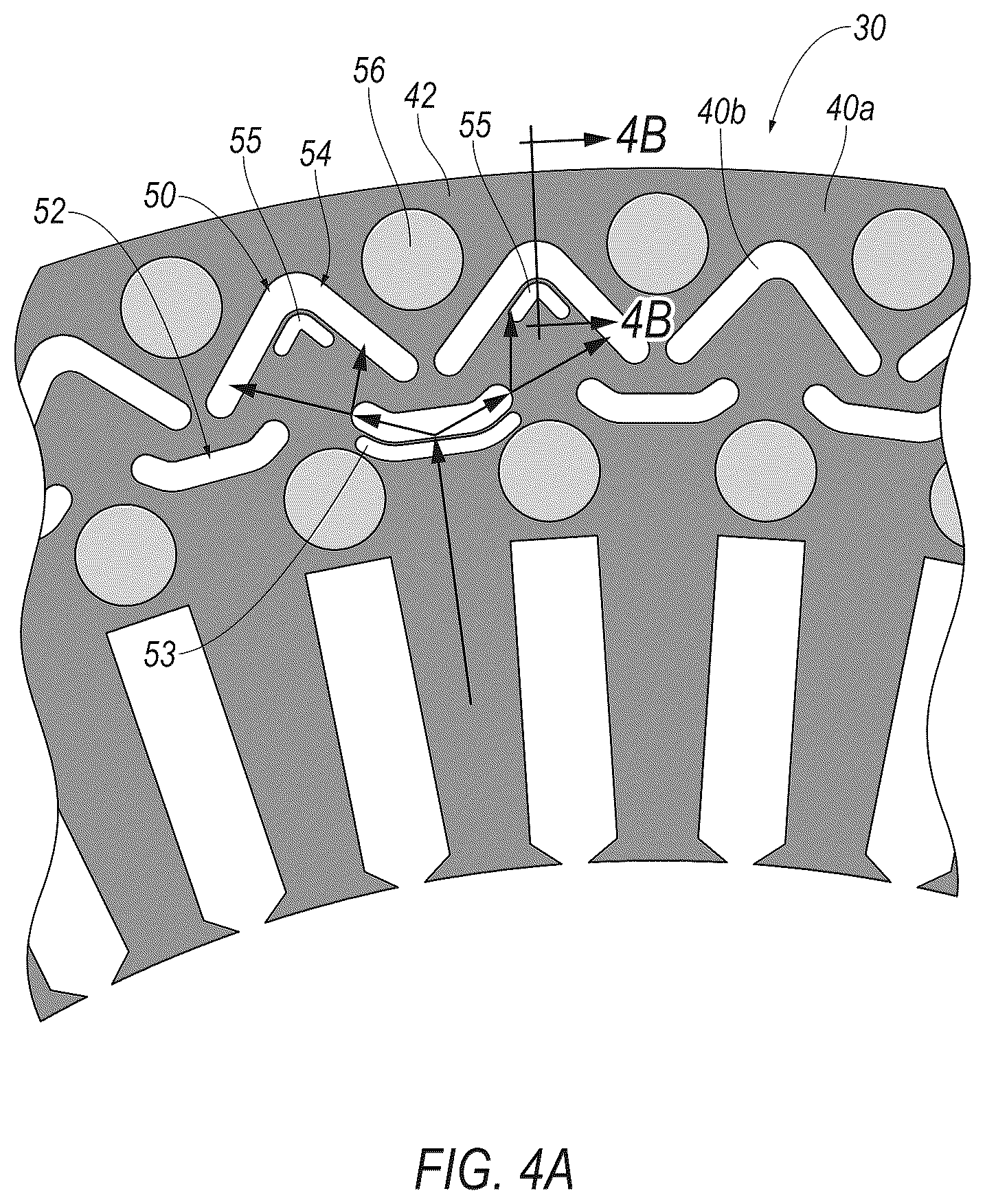 Patent US12562607 Figure 4 – Laminate for stator core with fluid containment feature
