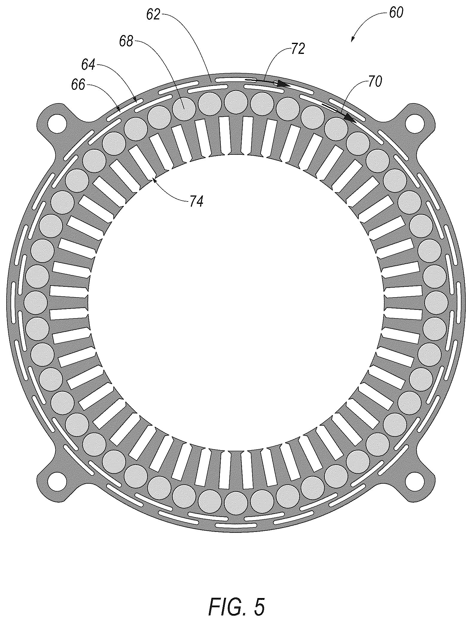 Patent US12562607 Figure 6 – Laminate for stator core with fluid containment feature