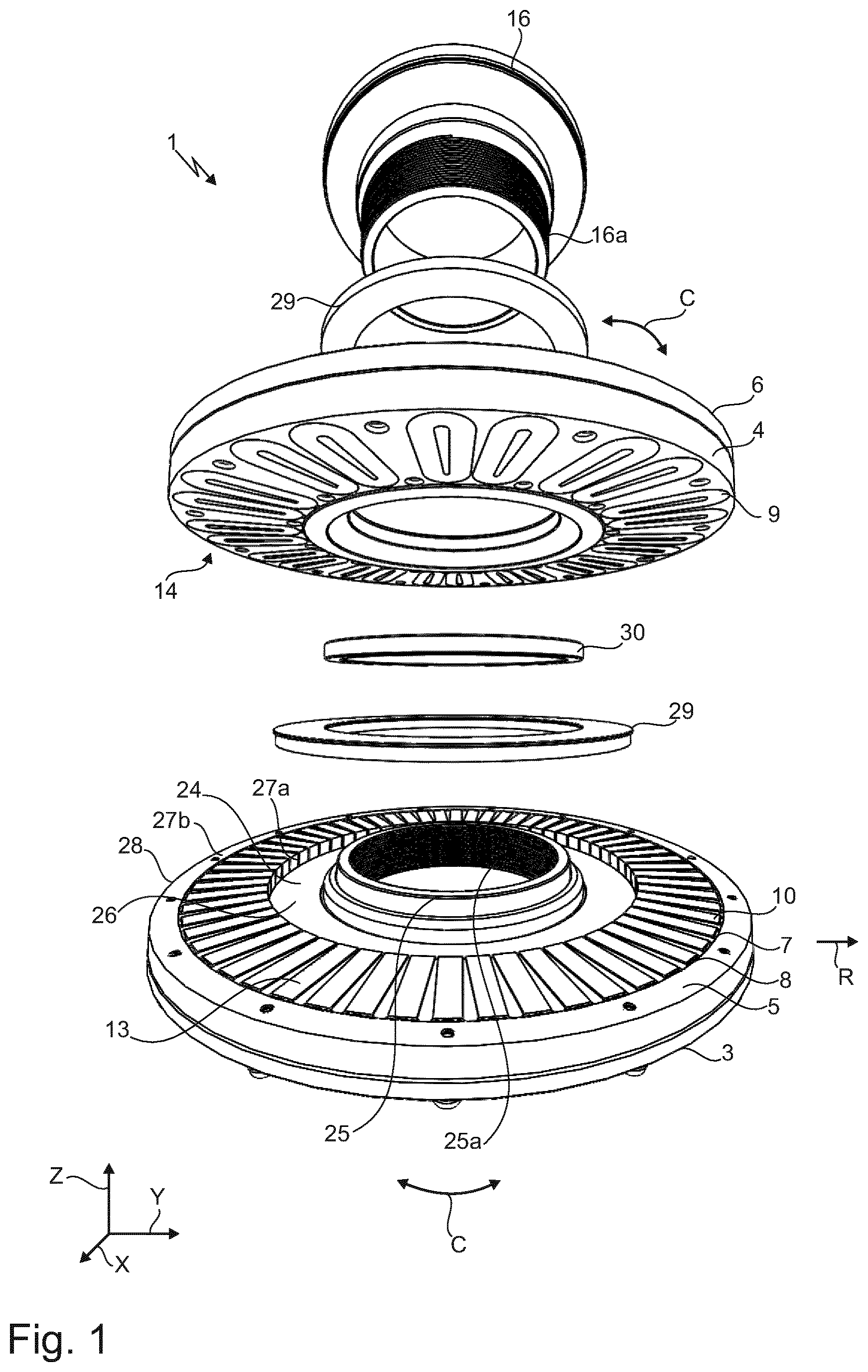 Patent US12562629 Figure 1 – Electric machine with two-phase planar Lorentz coils and a ring-shaped Halbach array for high torque density and high-precision applications