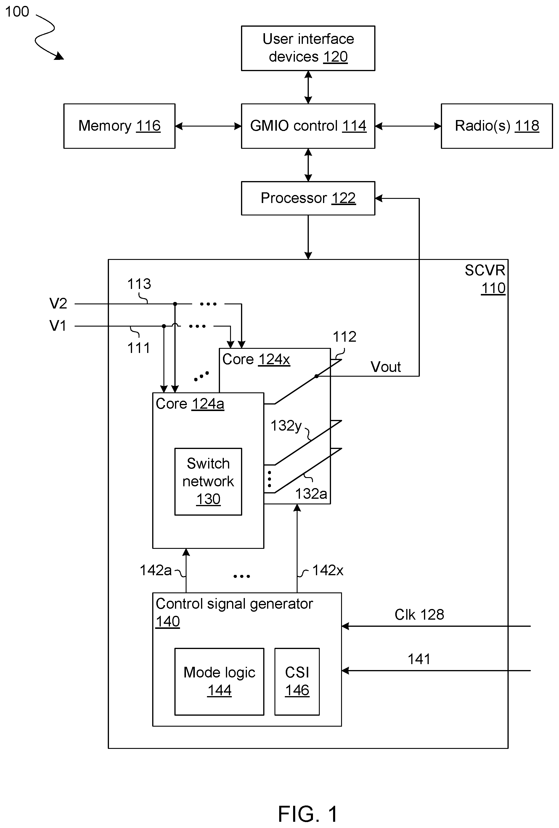 Patent US12562641 Figure 1 – Multilevel switched capacitor regulator with multiple cores