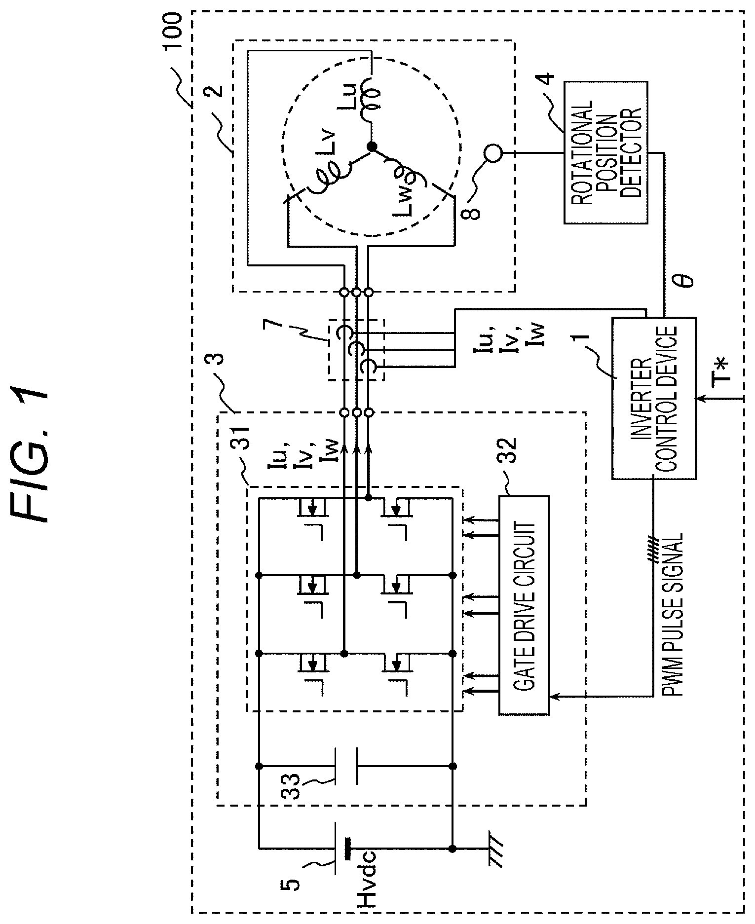 Patent US12562657 Figure 1 – Inverter control device, hybrid system, electromechanical integrated unit, electric vehicle system, and inverter control method