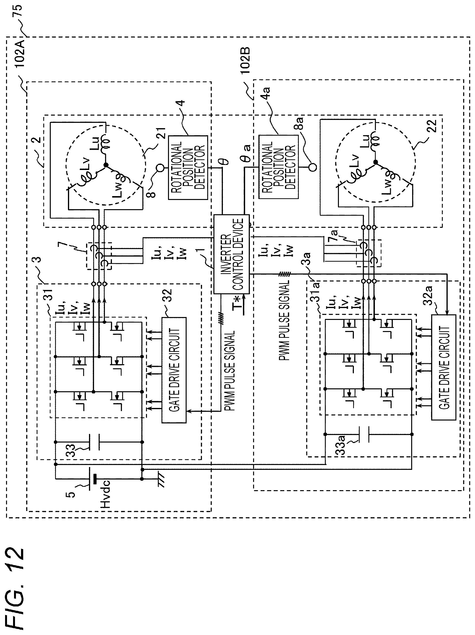 Patent US12562657 Figure 12 – Inverter control device, hybrid system, electromechanical integrated unit, electric vehicle system, and inverter control method