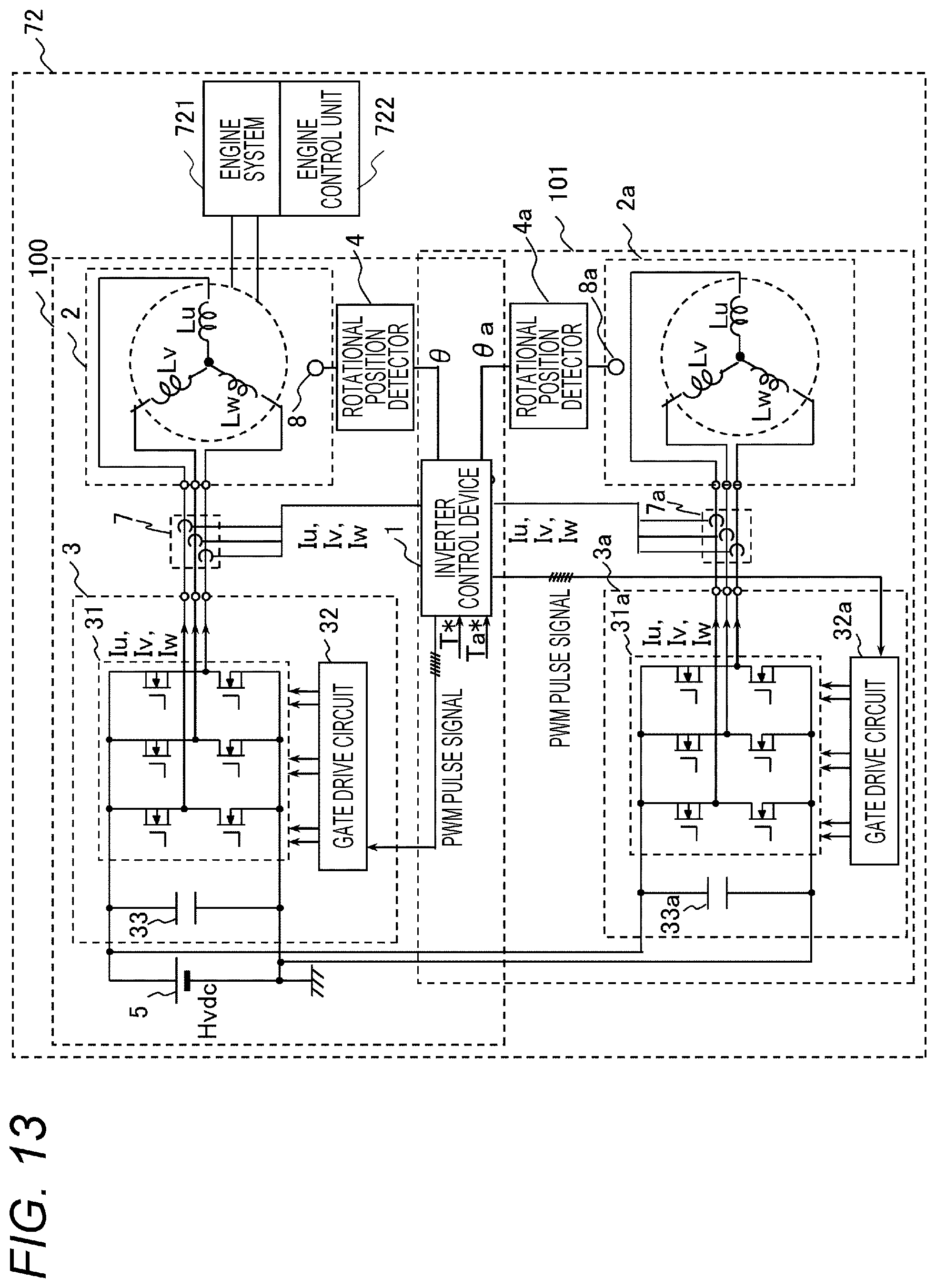 Patent US12562657 Figure 13 – Inverter control device, hybrid system, electromechanical integrated unit, electric vehicle system, and inverter control method