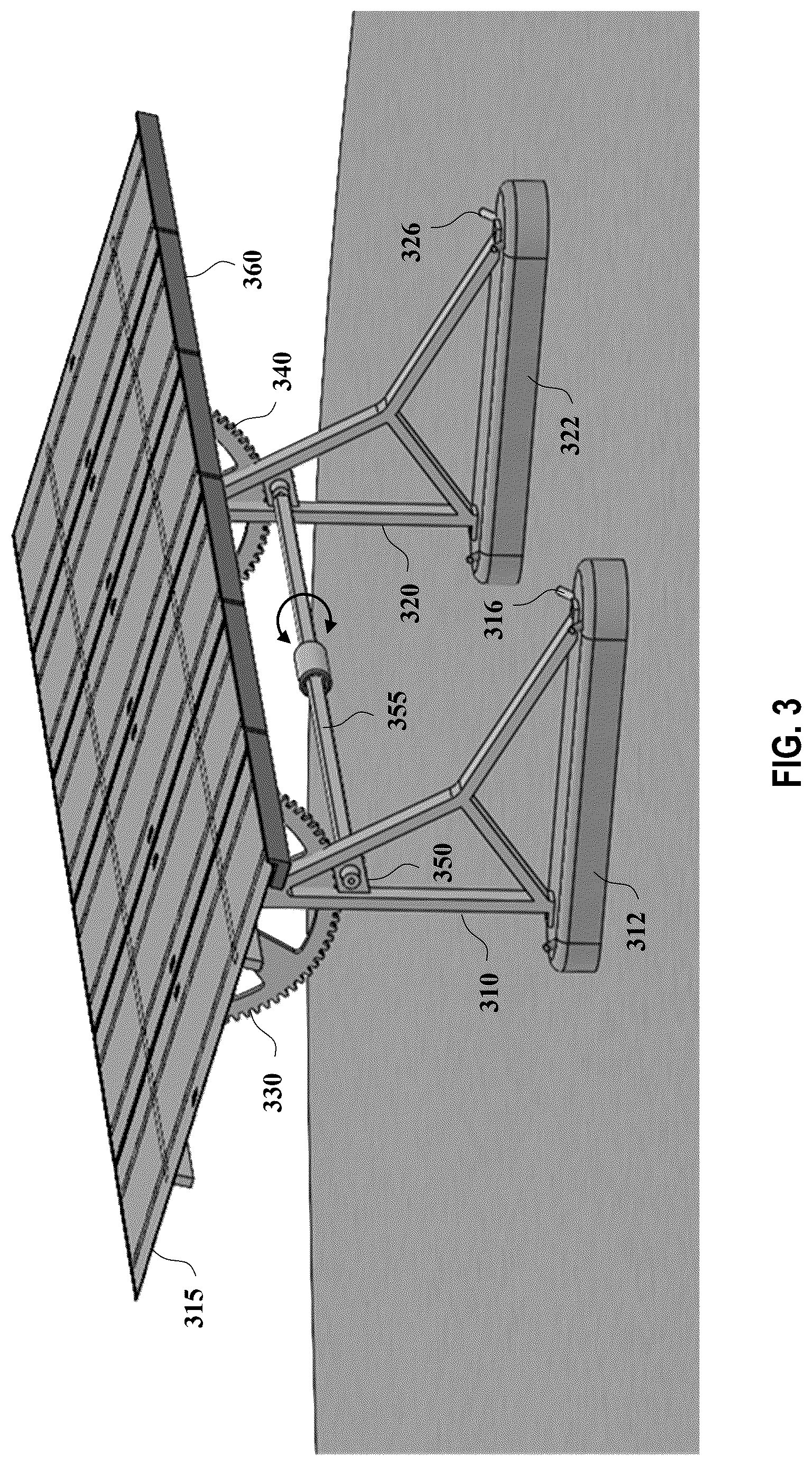 Patent US12562678 Figure 3 – High stow solar tracker with hail protection