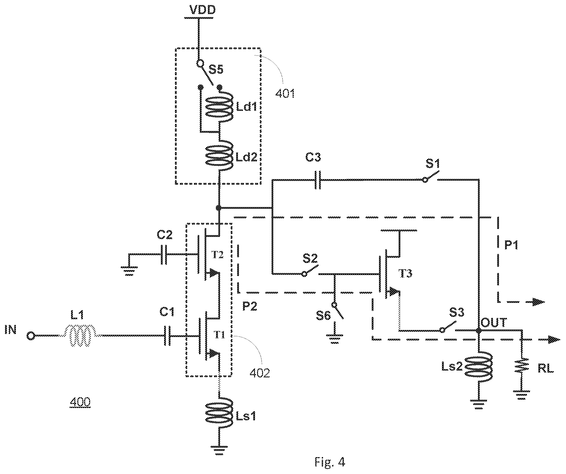 Patent US12562695 Figure 6 – Wideband LNA with output match configurability