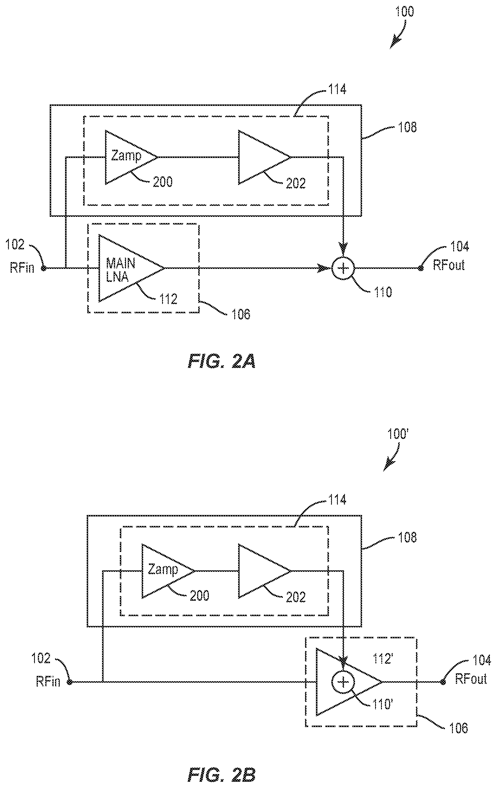 Patent US12562696 Figure 2 – Low noise amplifier (LNA) with distortion and noise cancellation