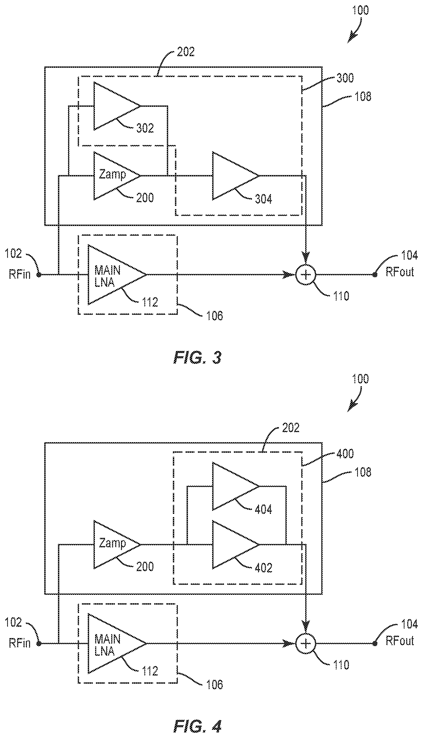 Patent US12562696 Figure 3 – Low noise amplifier (LNA) with distortion and noise cancellation