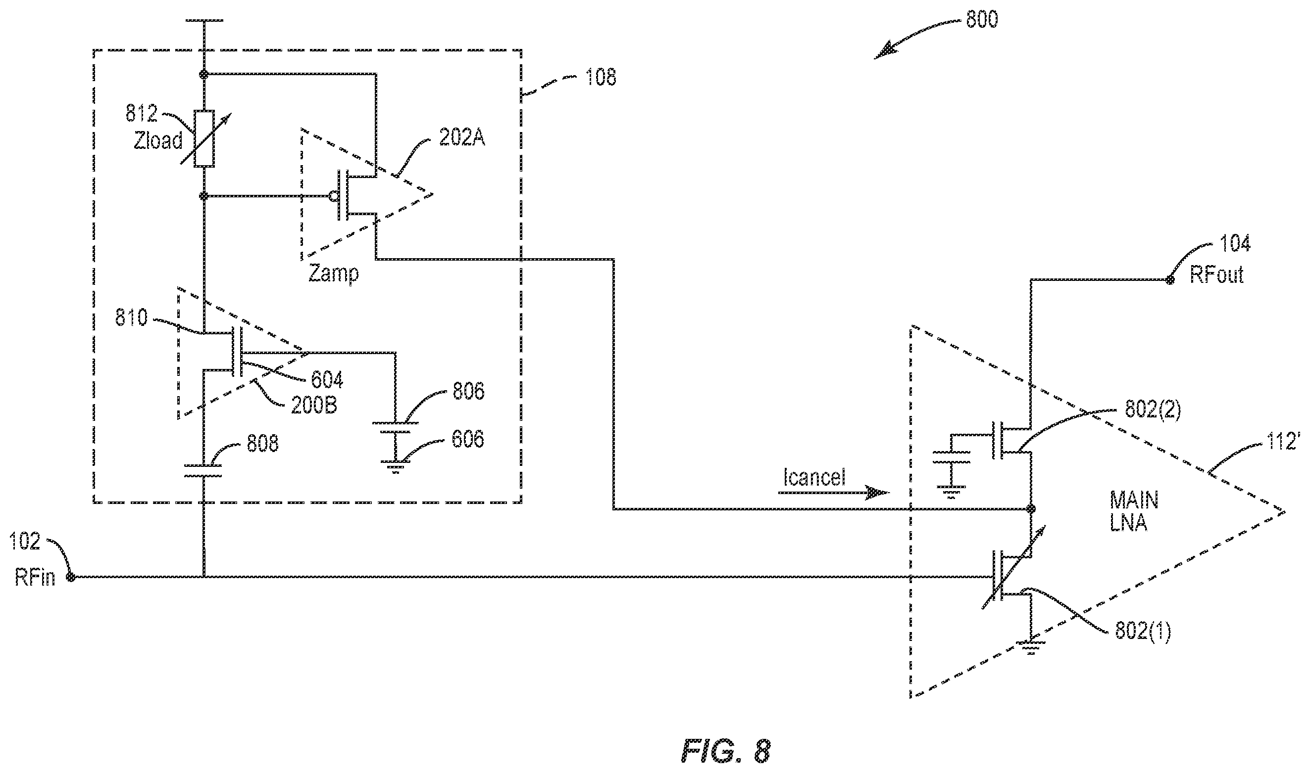 Patent US12562696 Figure 5 – Low noise amplifier (LNA) with distortion and noise cancellation