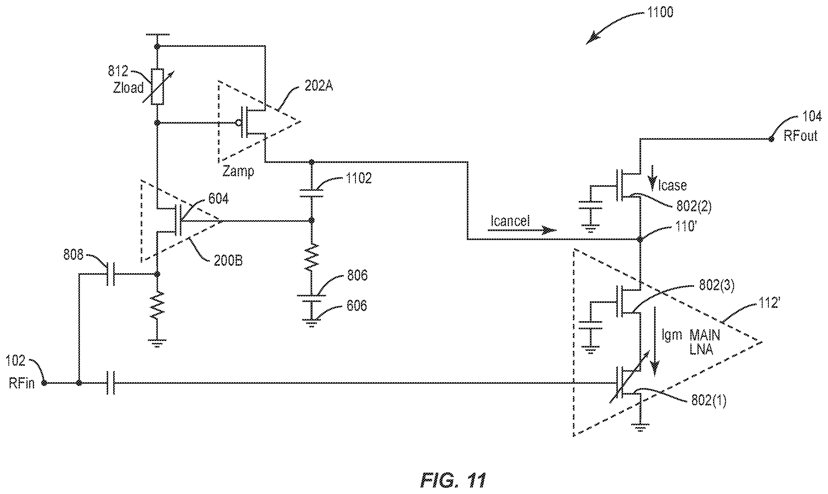 Patent US12562696 Figure 8 – Low noise amplifier (LNA) with distortion and noise cancellation