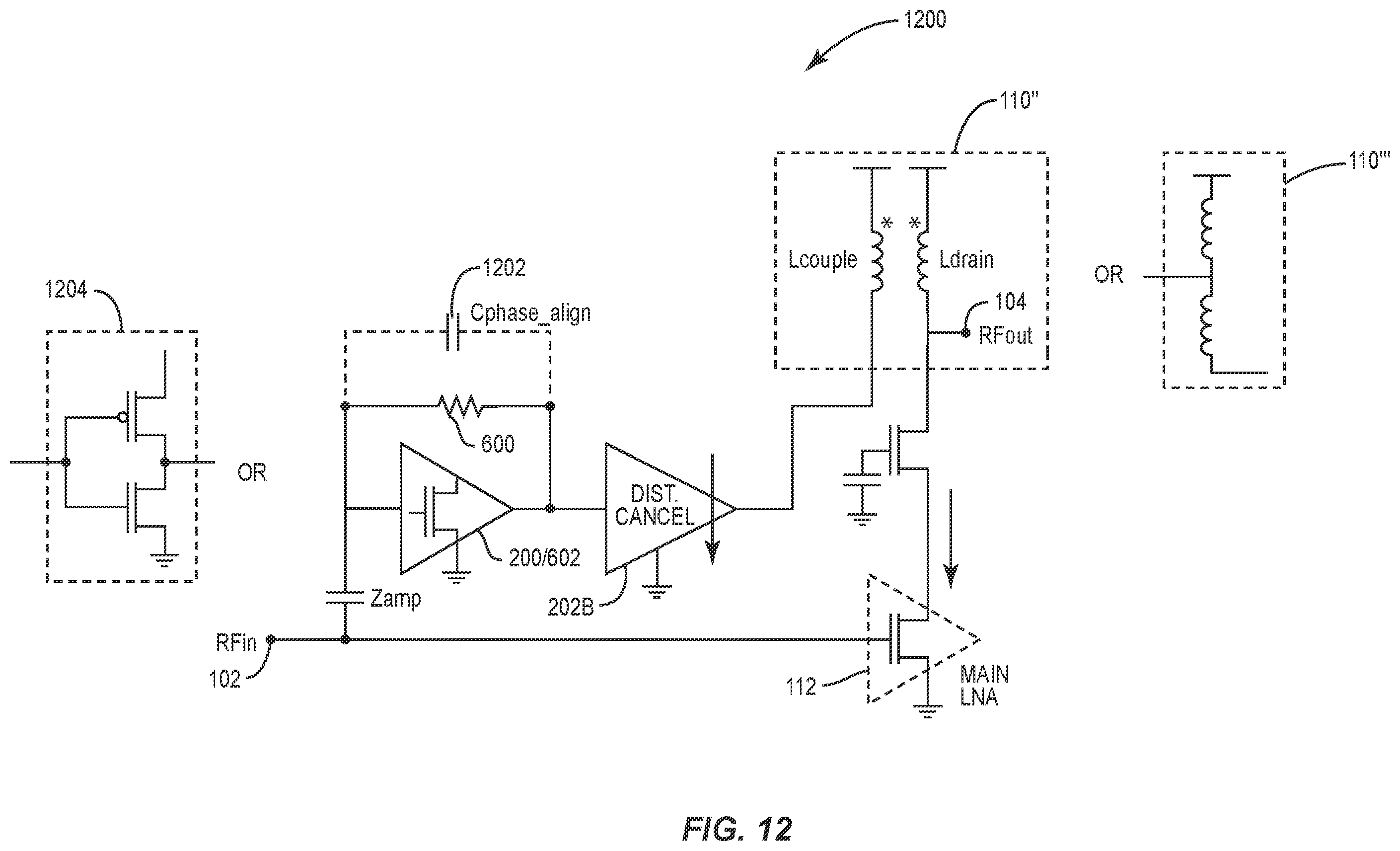 Patent US12562696 Figure 9 – Low noise amplifier (LNA) with distortion and noise cancellation