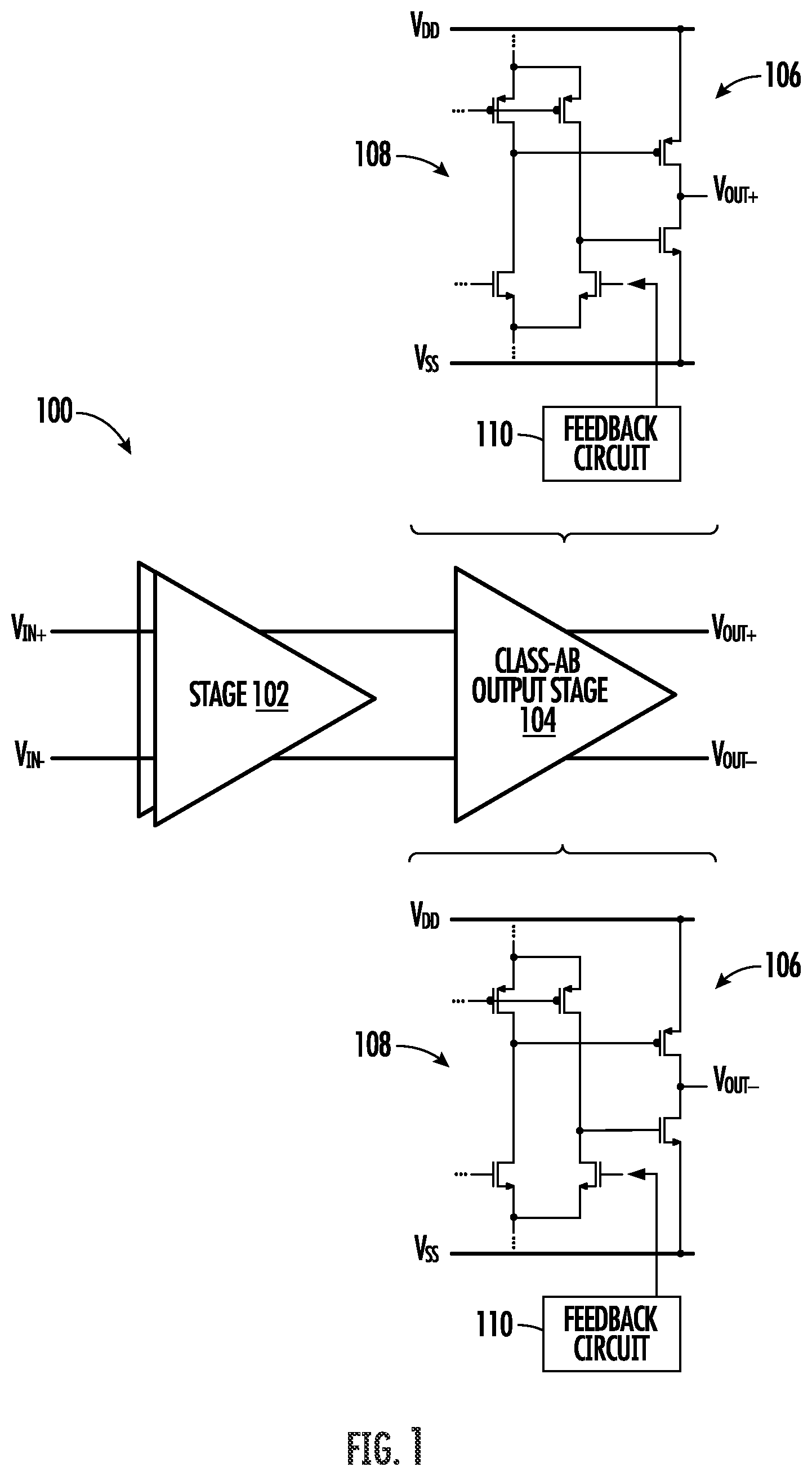 Patent US12562701 Figure 1 – Multi-stage, fully-differential class-AB amplifier