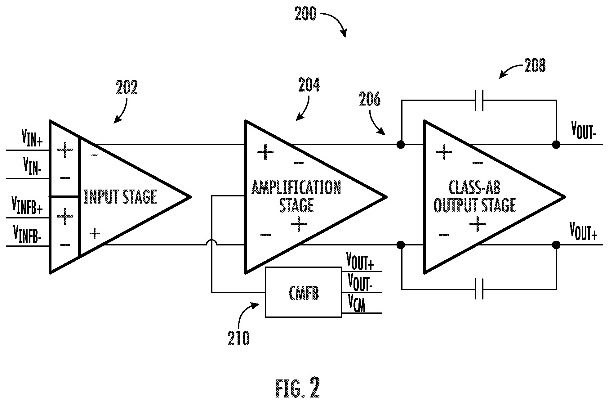 Patent US12562701 Figure 2 – Multi-stage, fully-differential class-AB amplifier