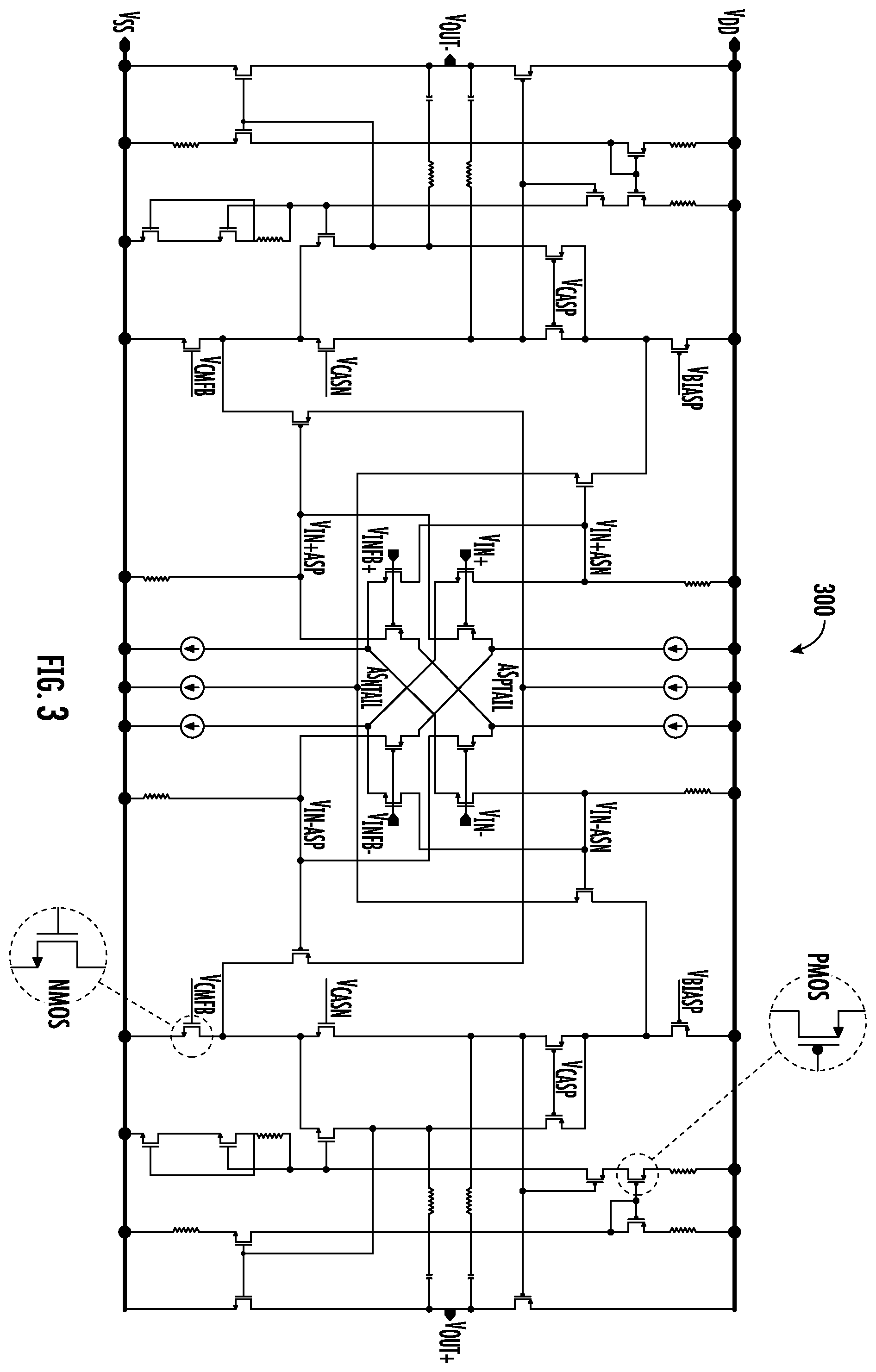 Patent US12562701 Figure 3 – Multi-stage, fully-differential class-AB amplifier