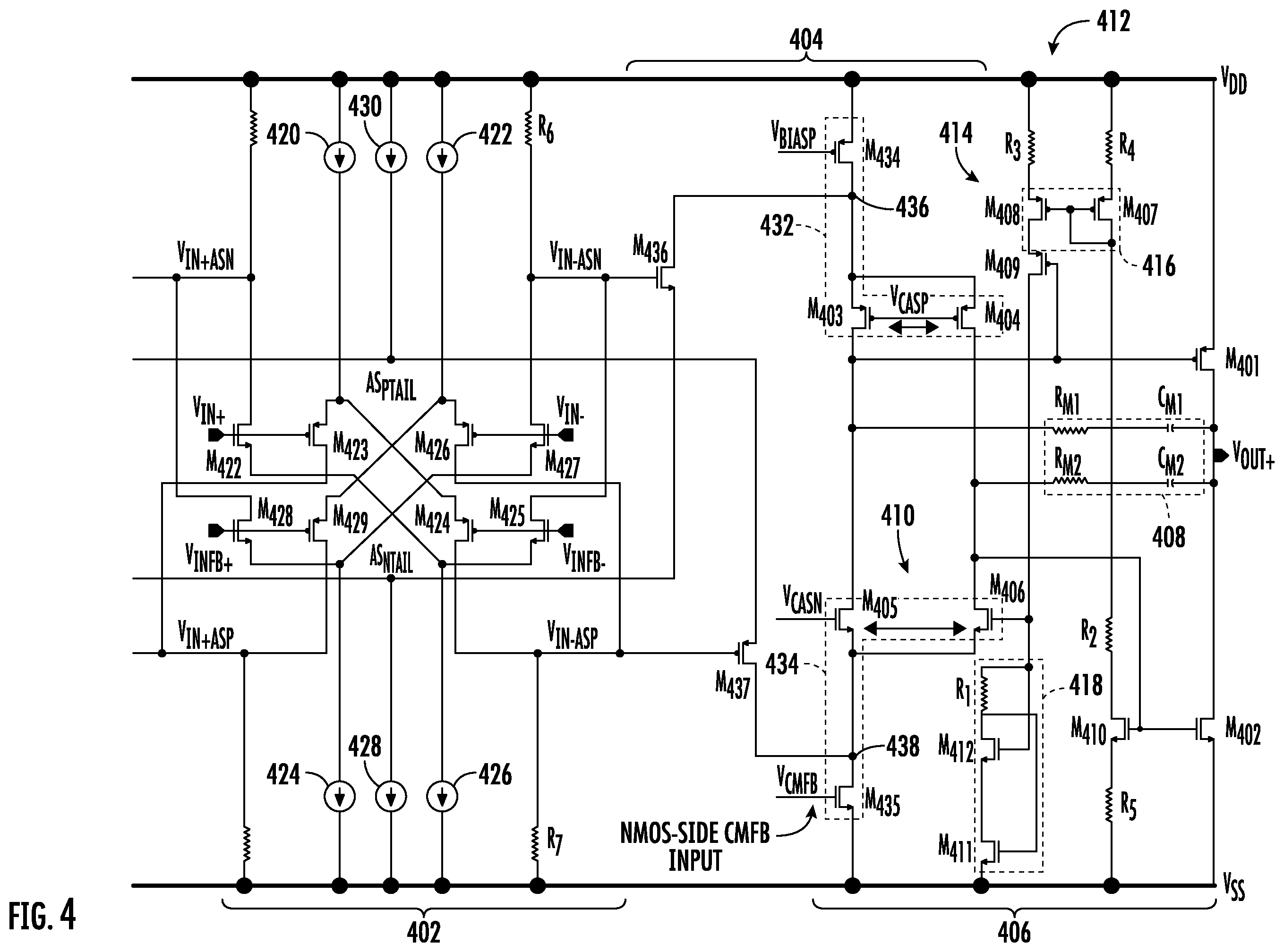 Patent US12562701 Figure 4 – Multi-stage, fully-differential class-AB amplifier
