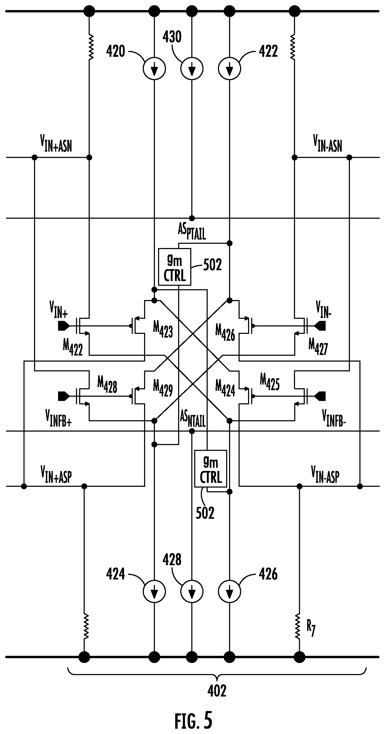 Patent US12562701 Figure 5 – Multi-stage, fully-differential class-AB amplifier