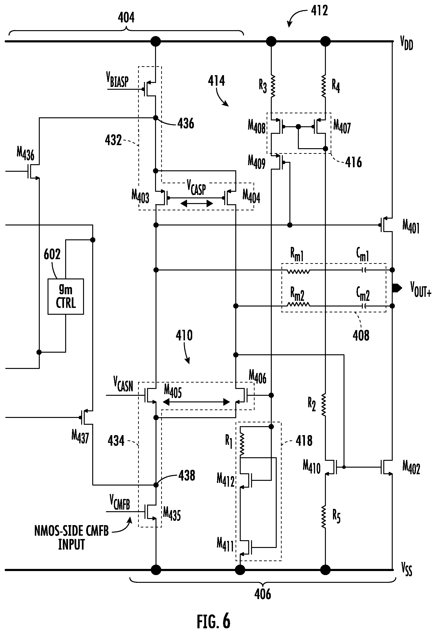 Patent US12562701 Figure 6 – Multi-stage, fully-differential class-AB amplifier