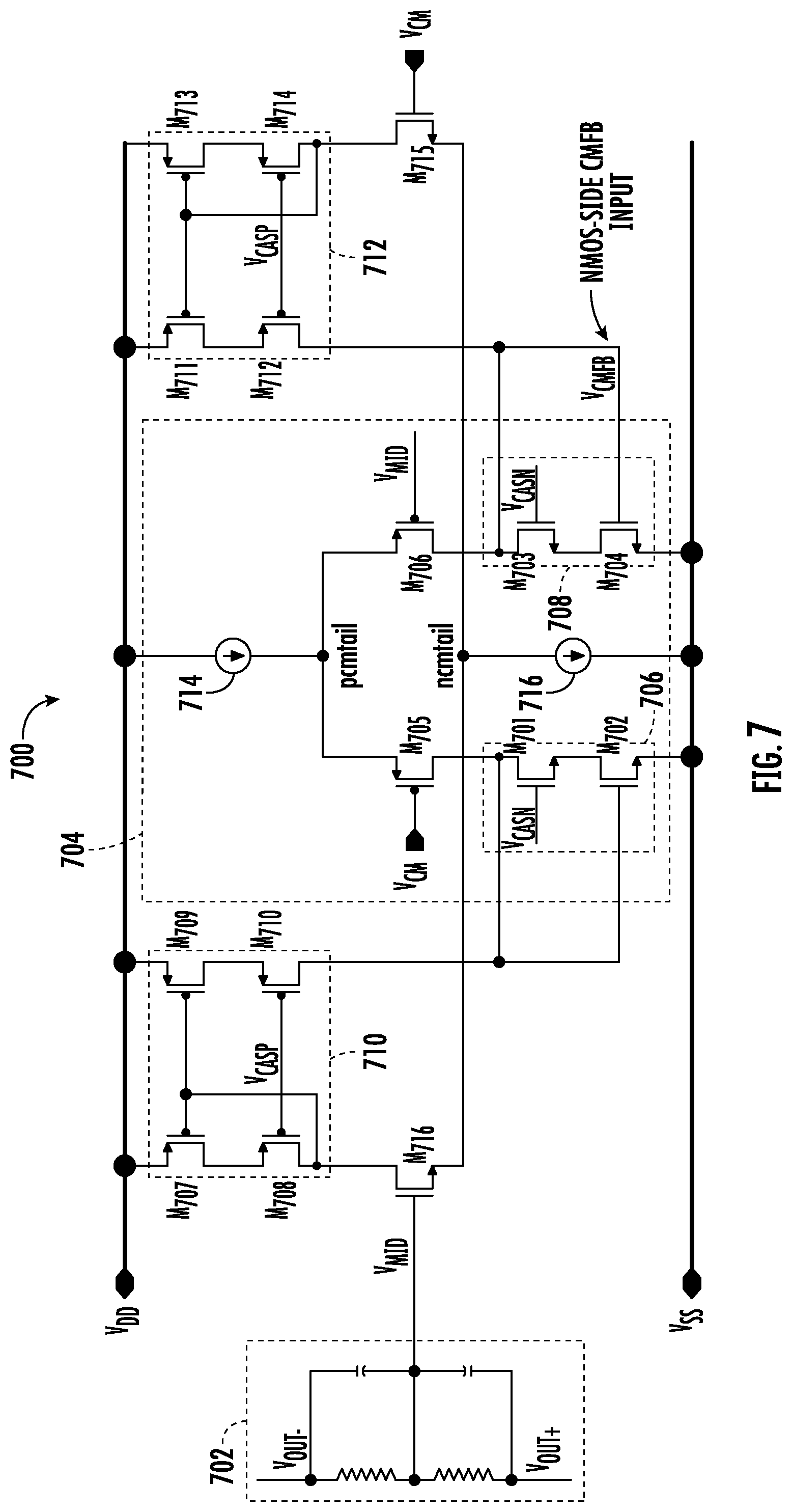 Patent US12562701 Figure 7 – Multi-stage, fully-differential class-AB amplifier