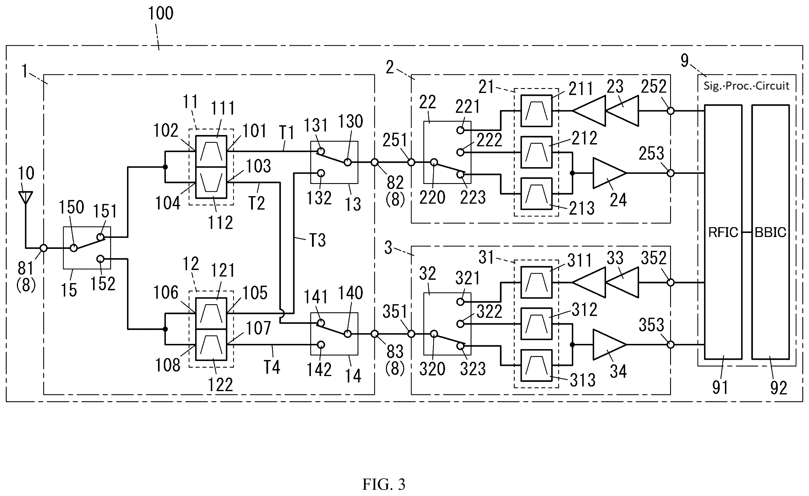 Patent US12562705 Figure 3 – Radio frequency module including control circuit positioned between switches and communication device