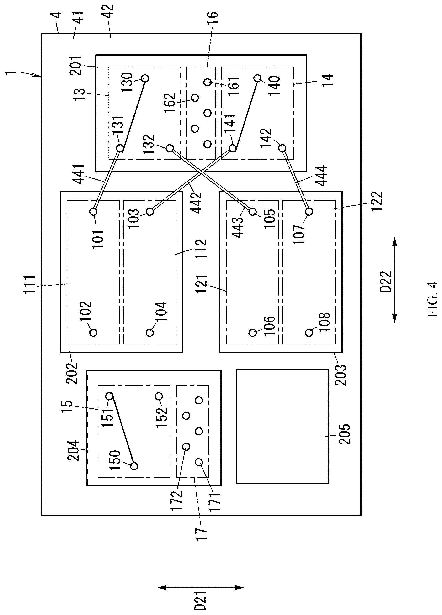 Patent US12562705 Figure 4 – Radio frequency module including control circuit positioned between switches and communication device