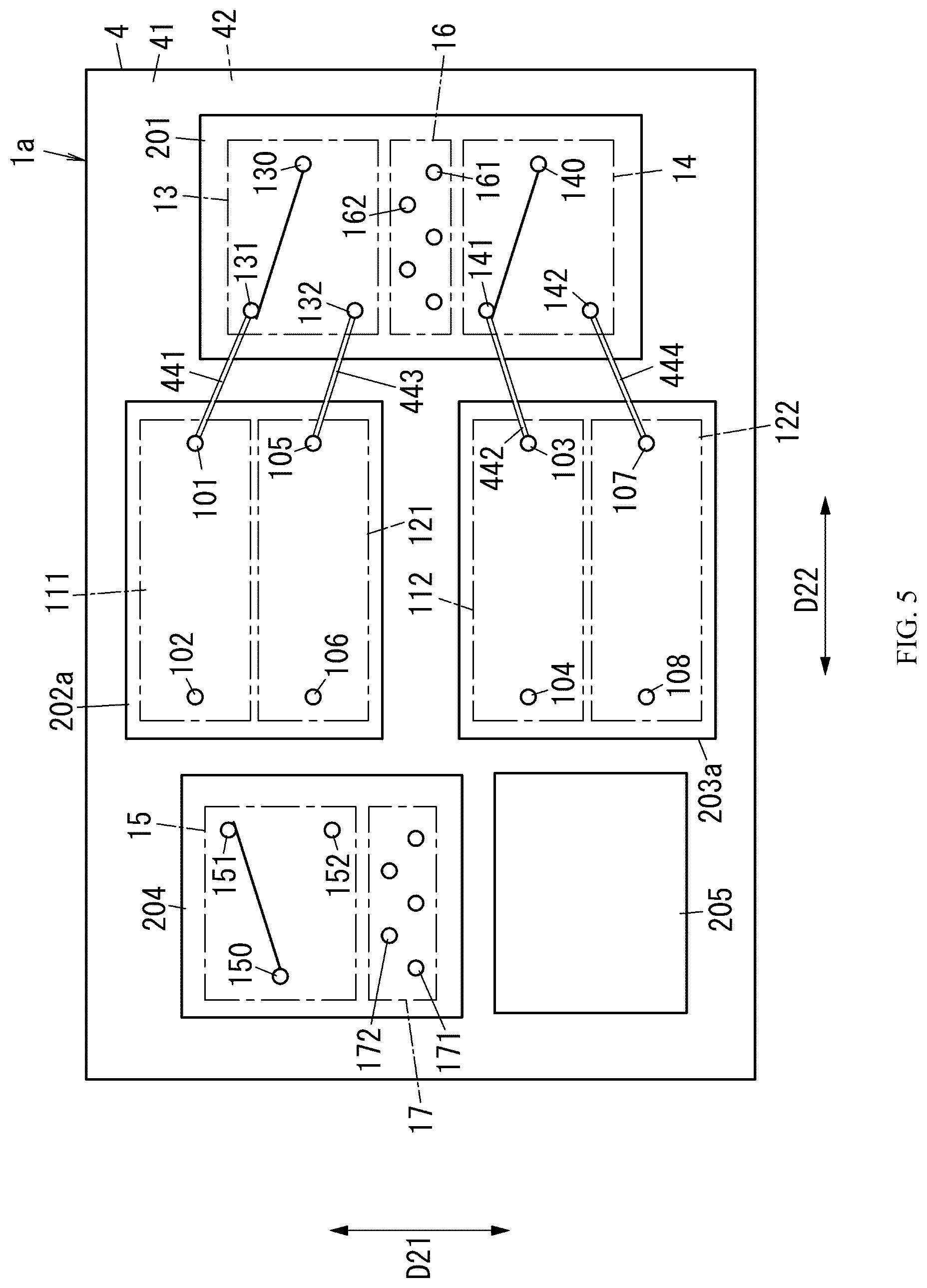Patent US12562705 Figure 5 – Radio frequency module including control circuit positioned between switches and communication device